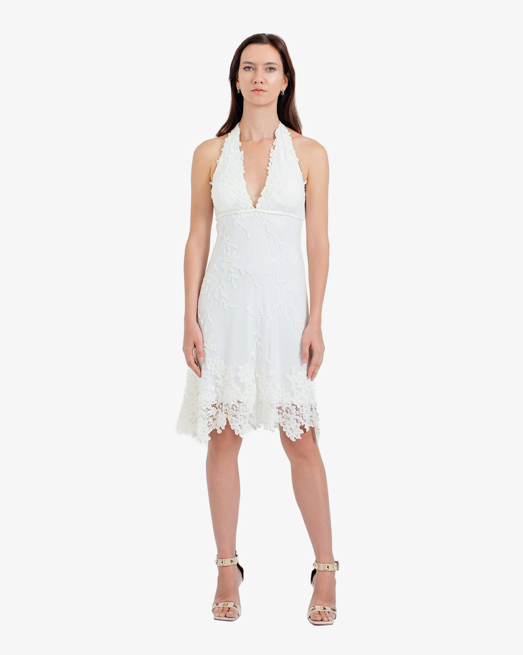 Jasmine Floral Lace Halter Midi Dress – Cream