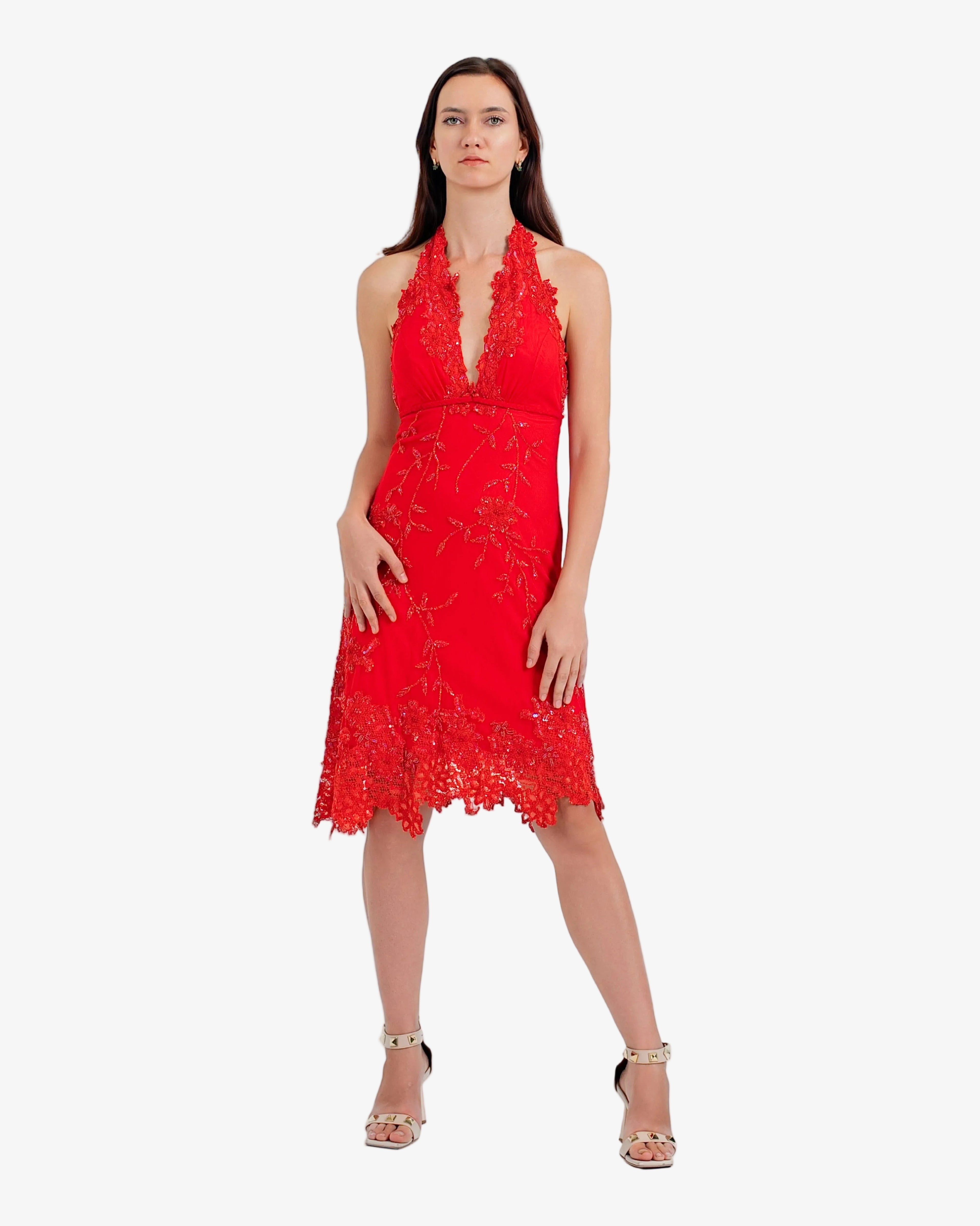 Jasmine Floral Lace Halter Midi Dress – Red