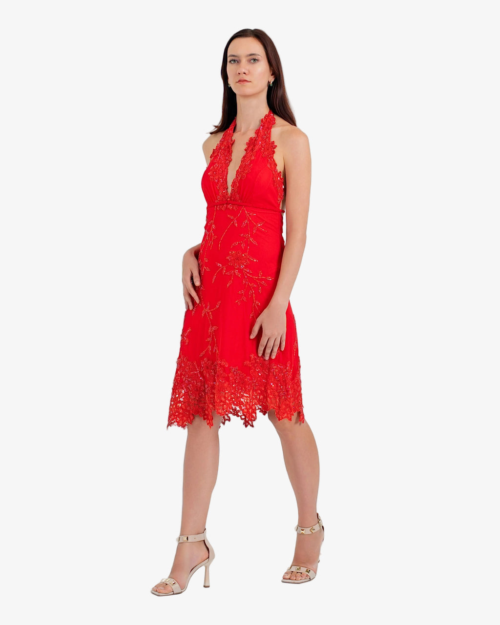 Jasmine Floral Lace Halter Midi Dress – Red