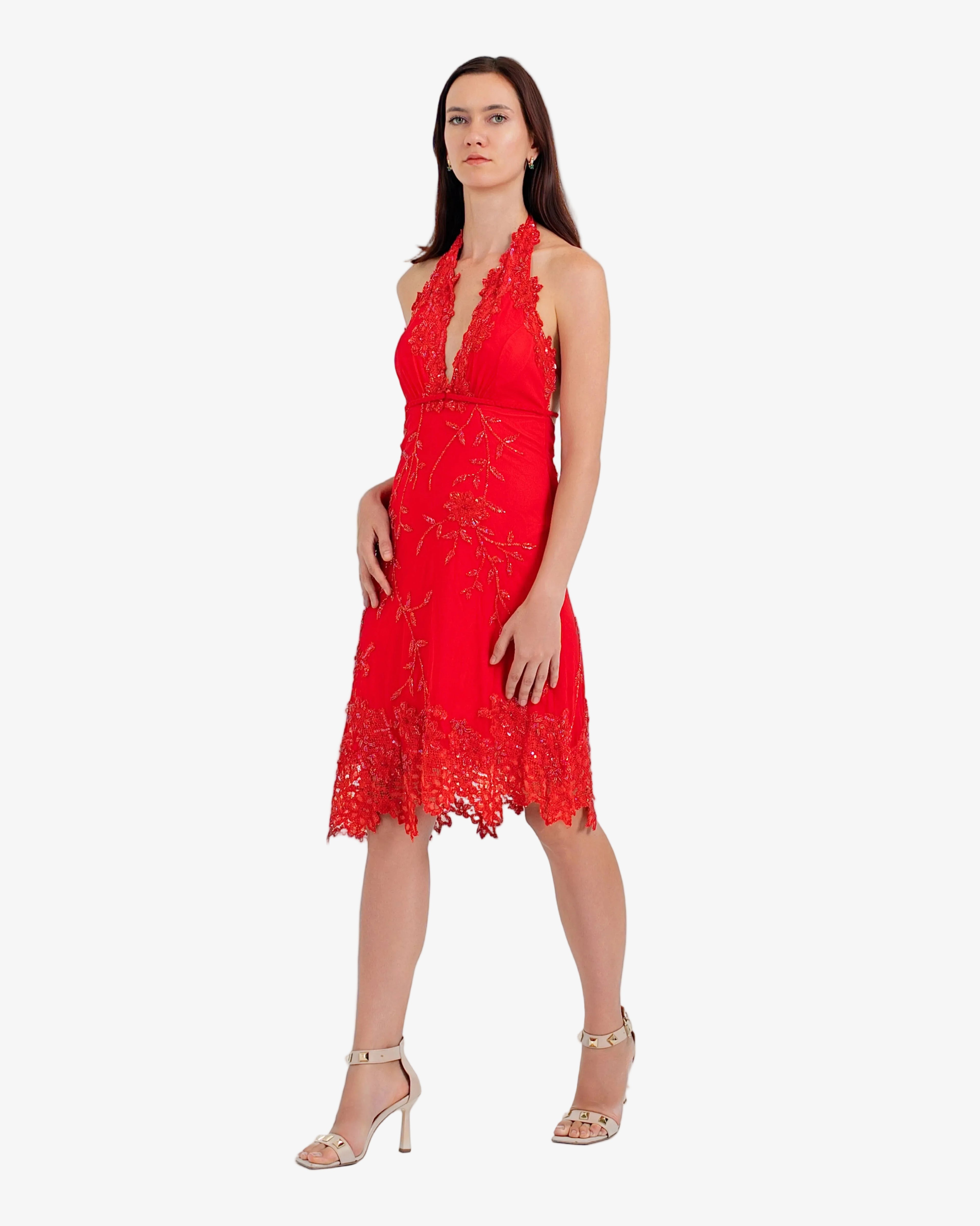Jasmine Floral Lace Halter Midi Dress – Red