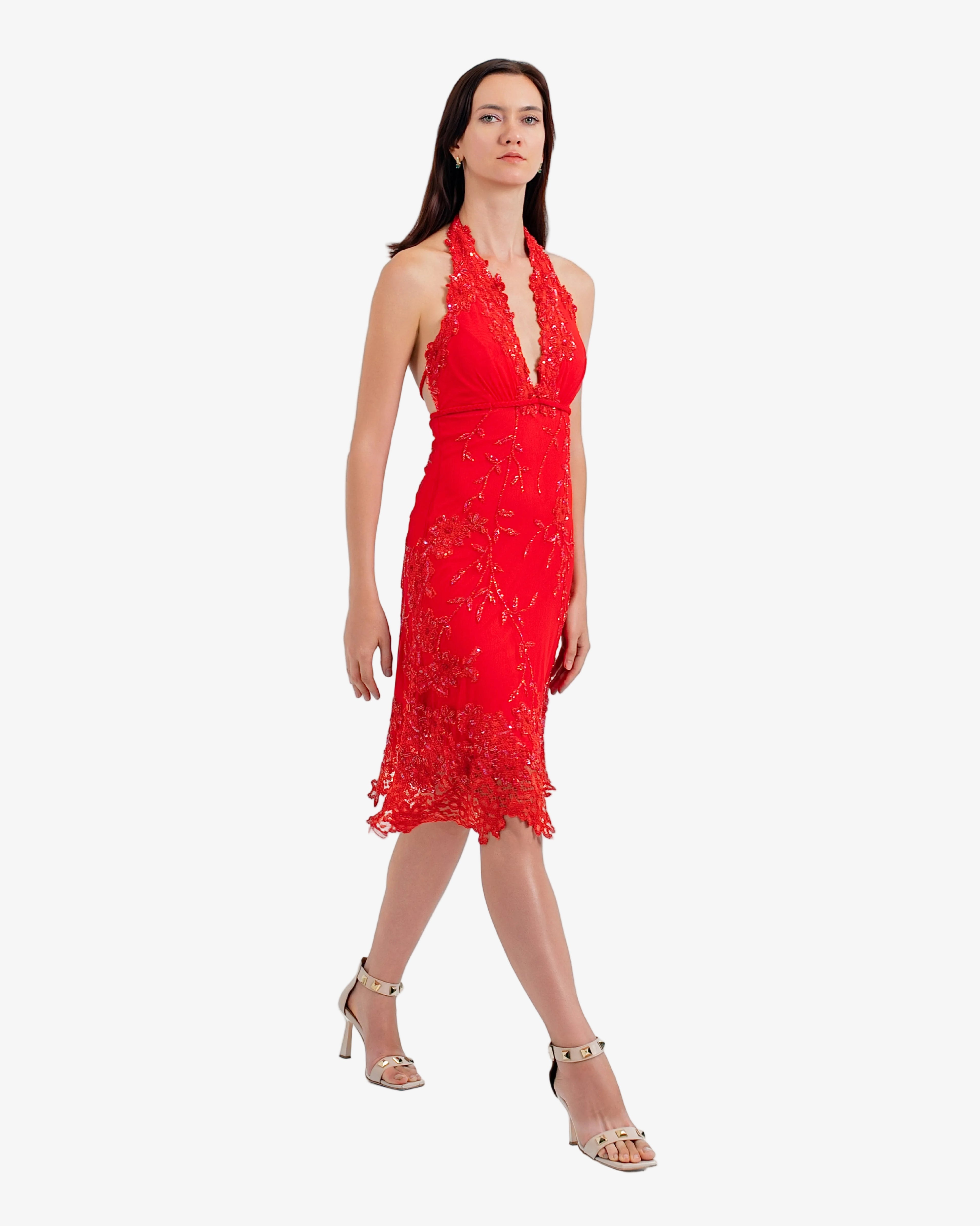 Jasmine Floral Lace Halter Midi Dress – Red