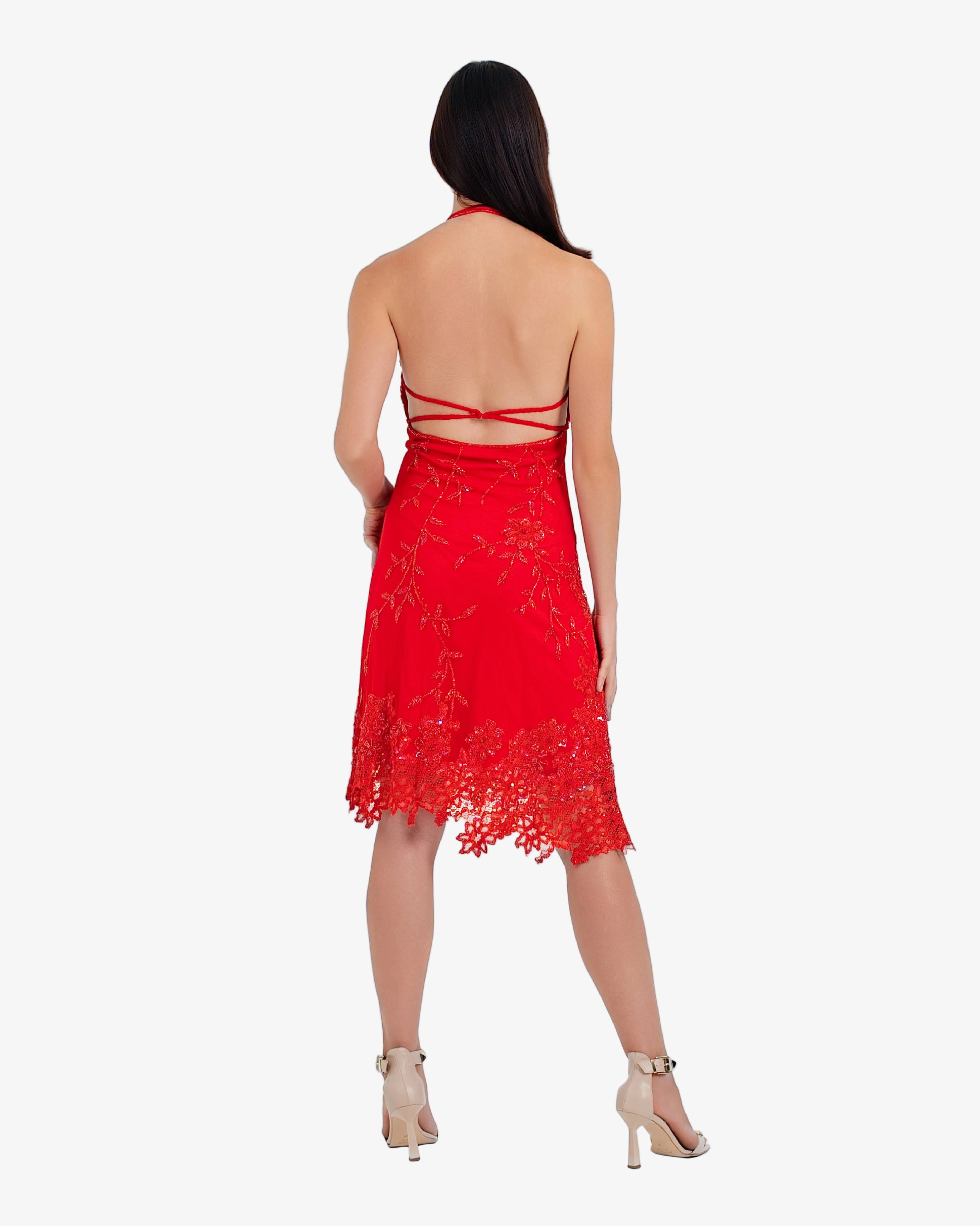 Red lace dress worn by a model on a white background