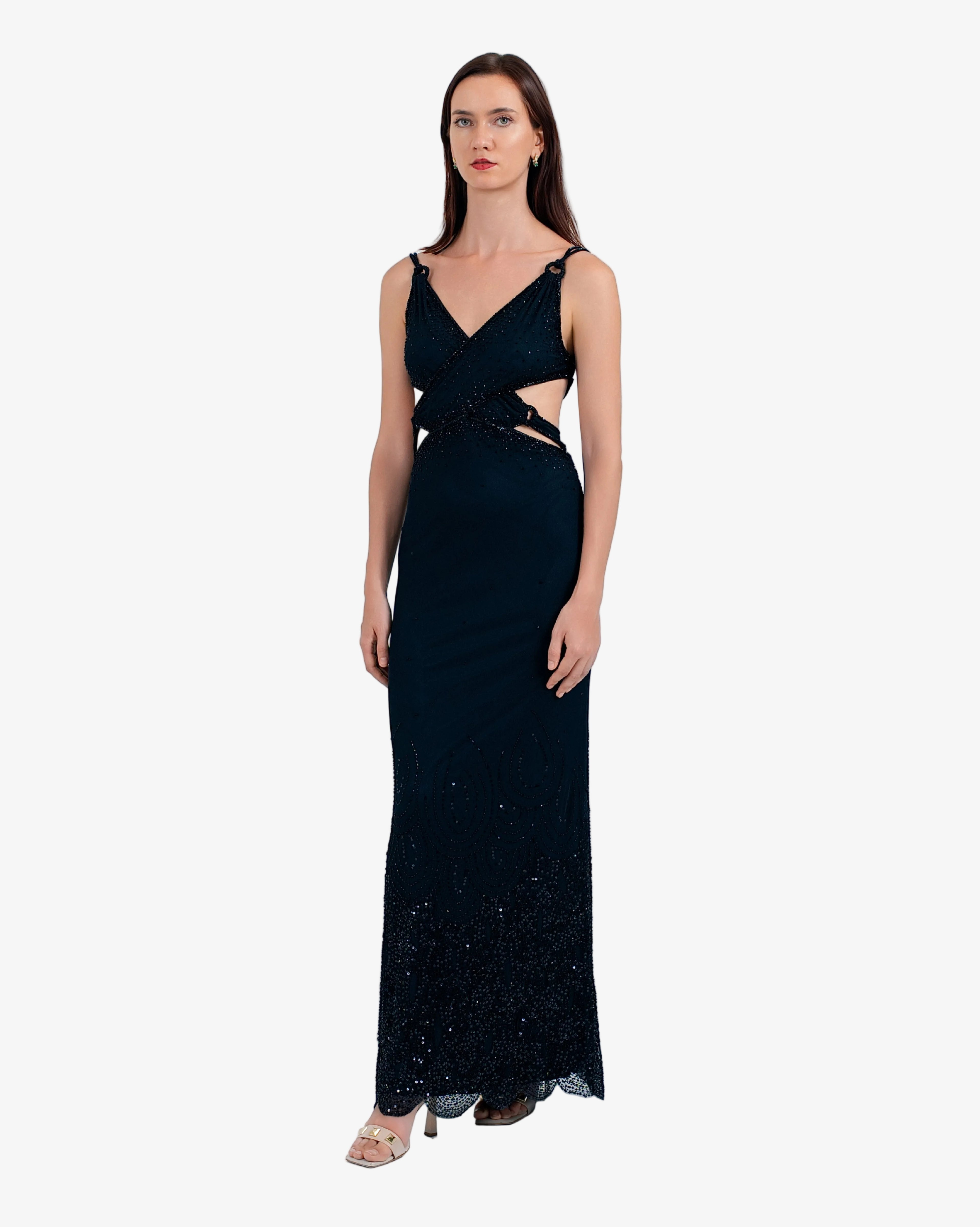 Nova Sequin Cutout Maxi Dress – Black