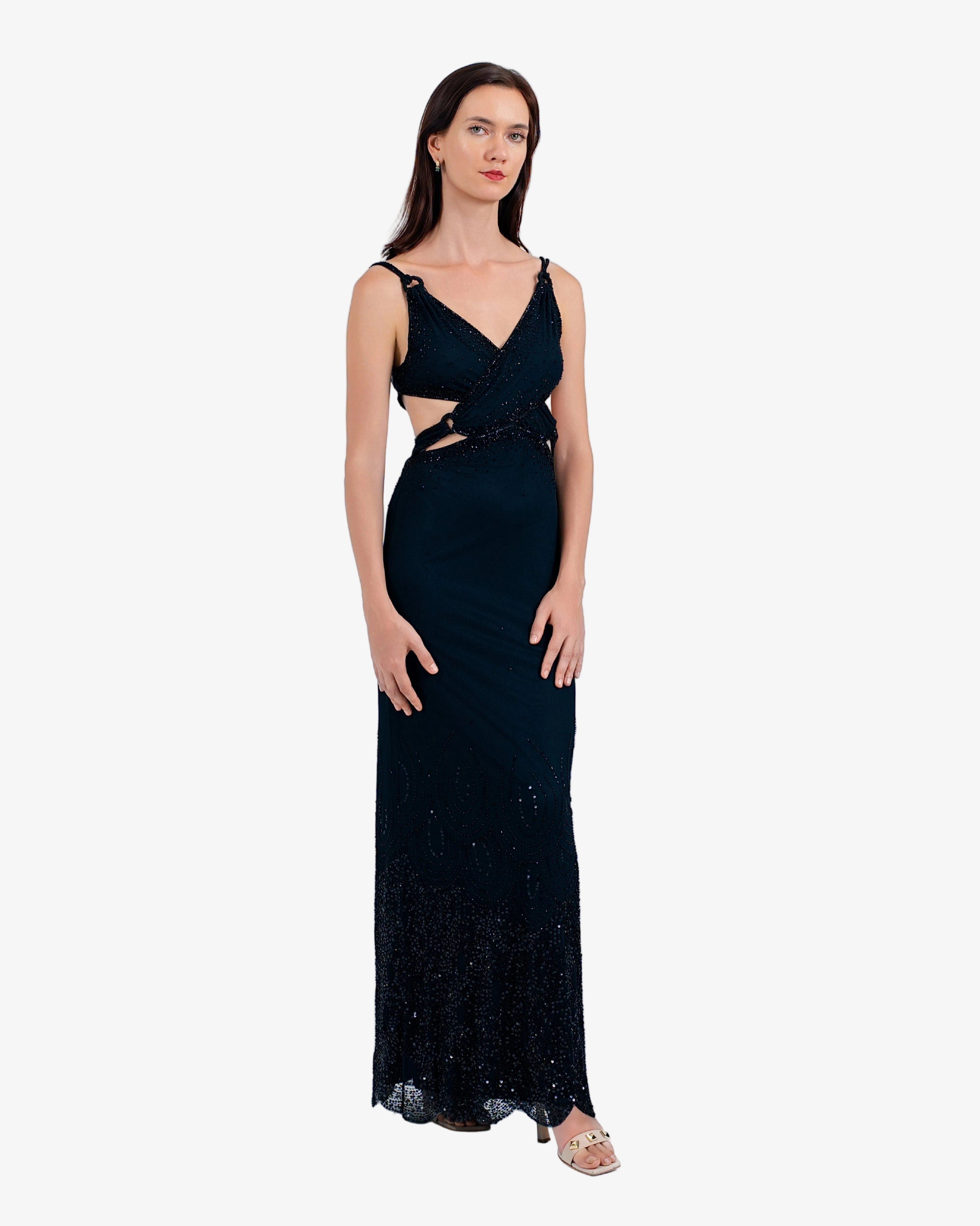 Nova Sequin Cutout Maxi Dress – Black