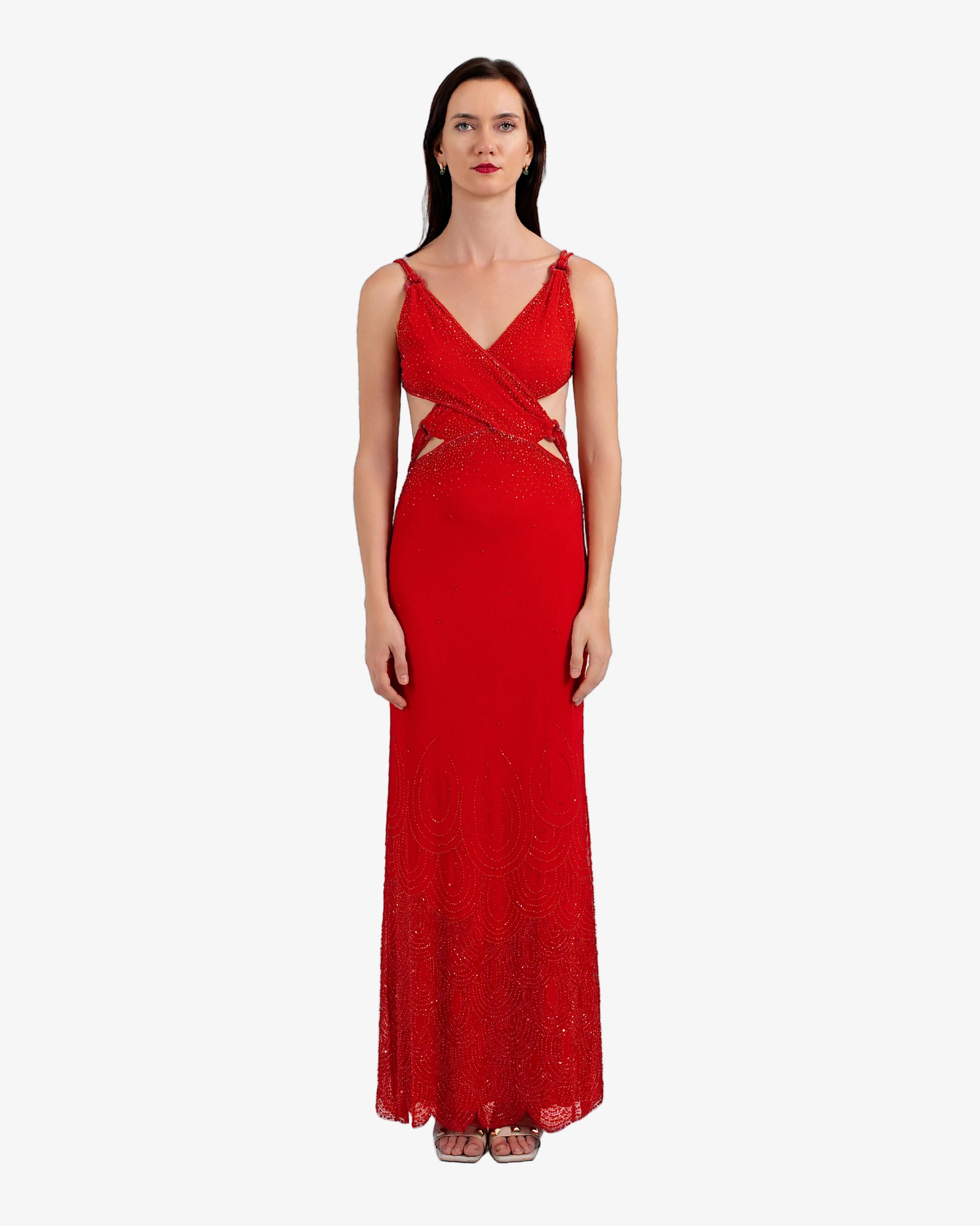 Nova Sequin Cutout Maxi Dress – Red