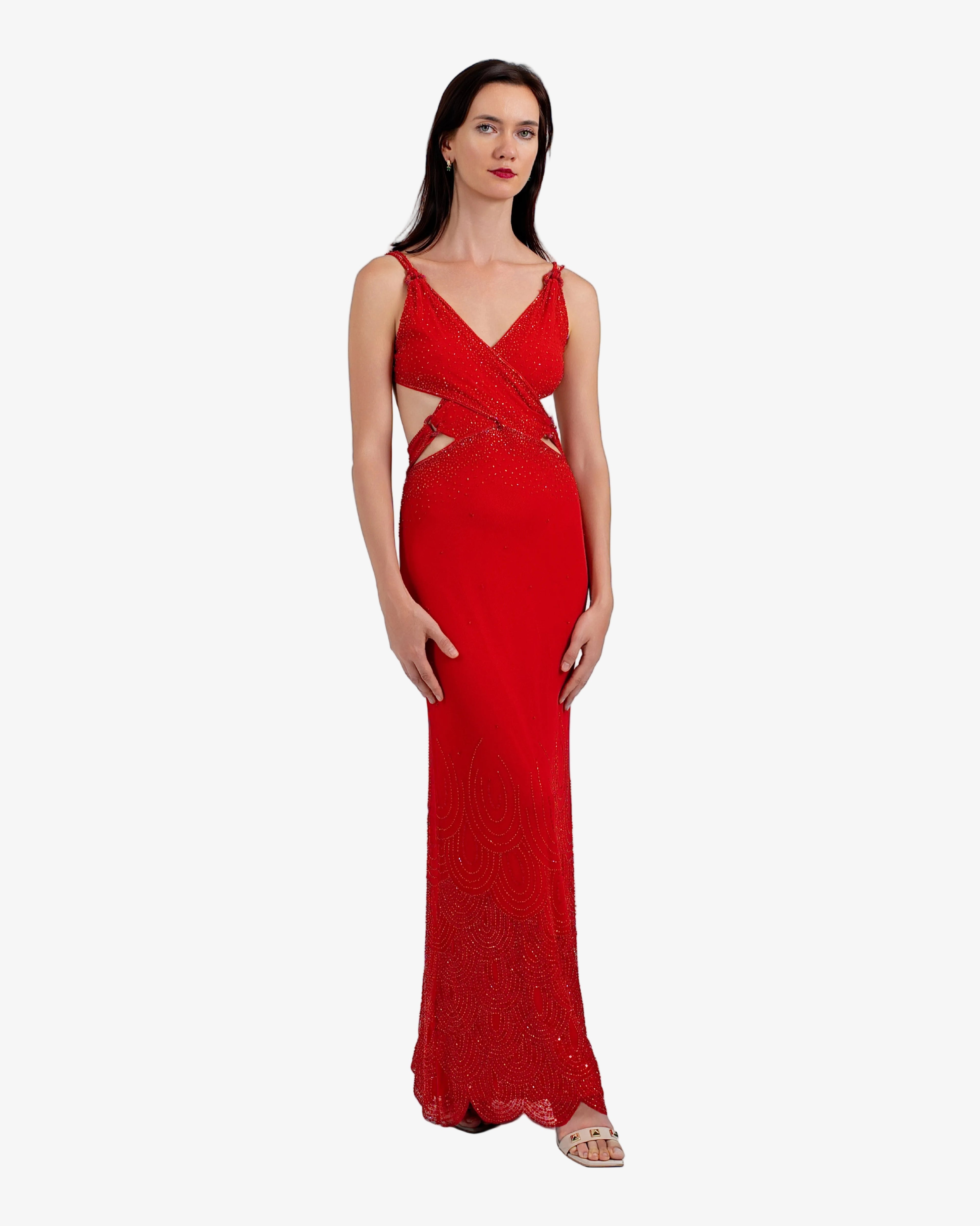 Nova Sequin Cutout Maxi Dress – Red