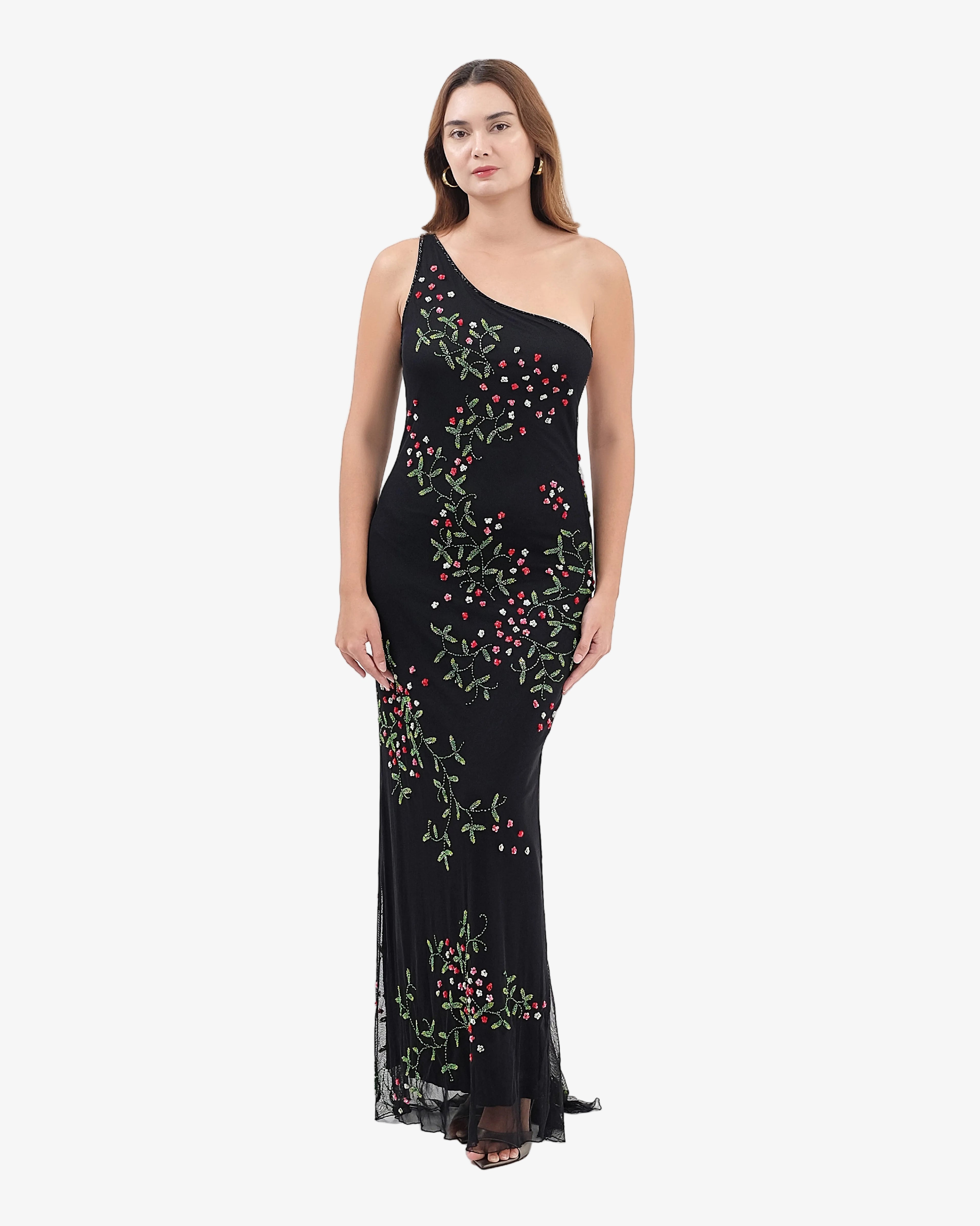 Wildflower One-Shoulder Beaded Maxi Dress
