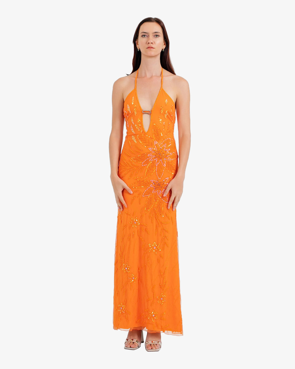 Marigold Deep-V Floral Sequin Maxi Dress