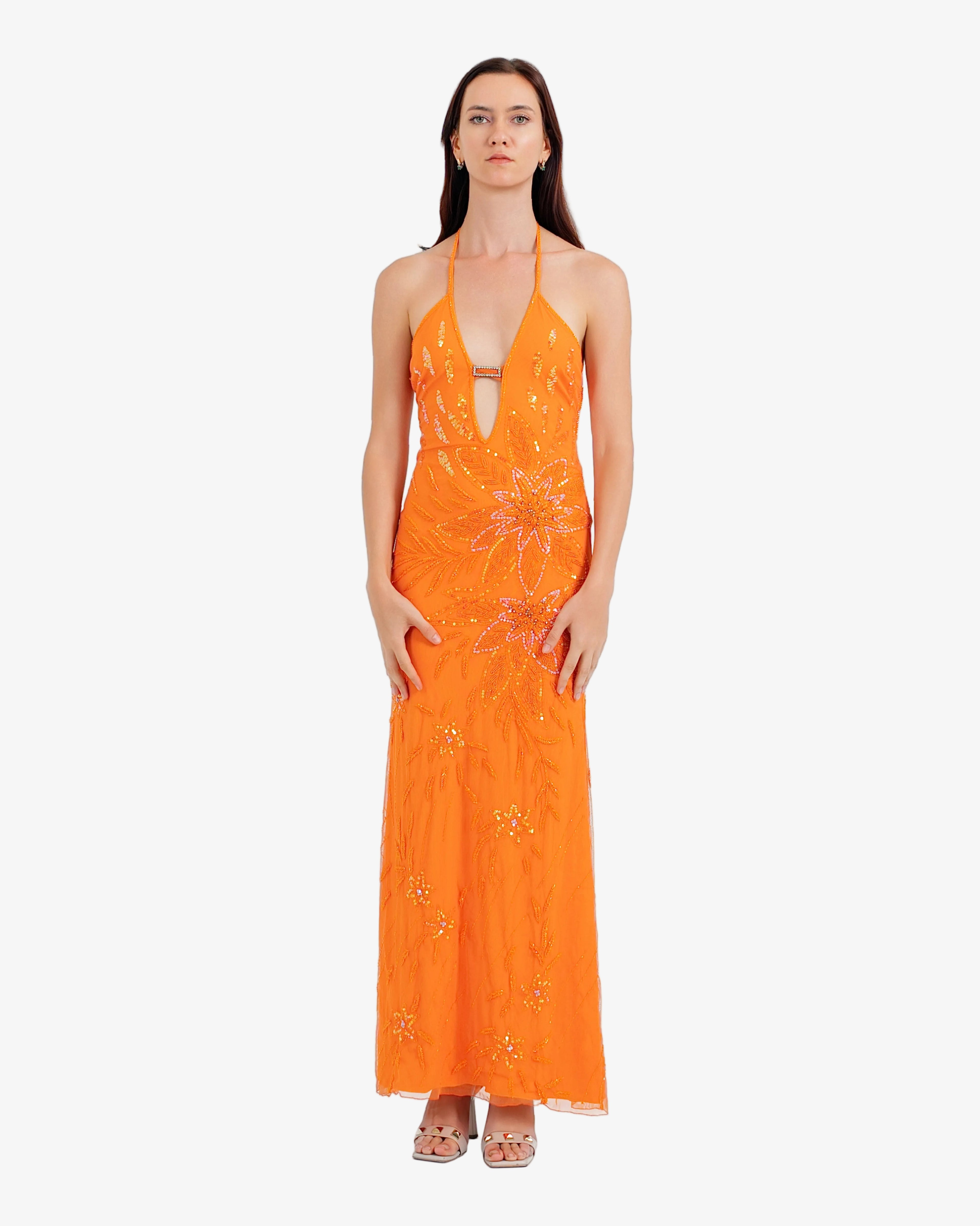 Marigold Deep-V Floral Sequin Maxi Dress