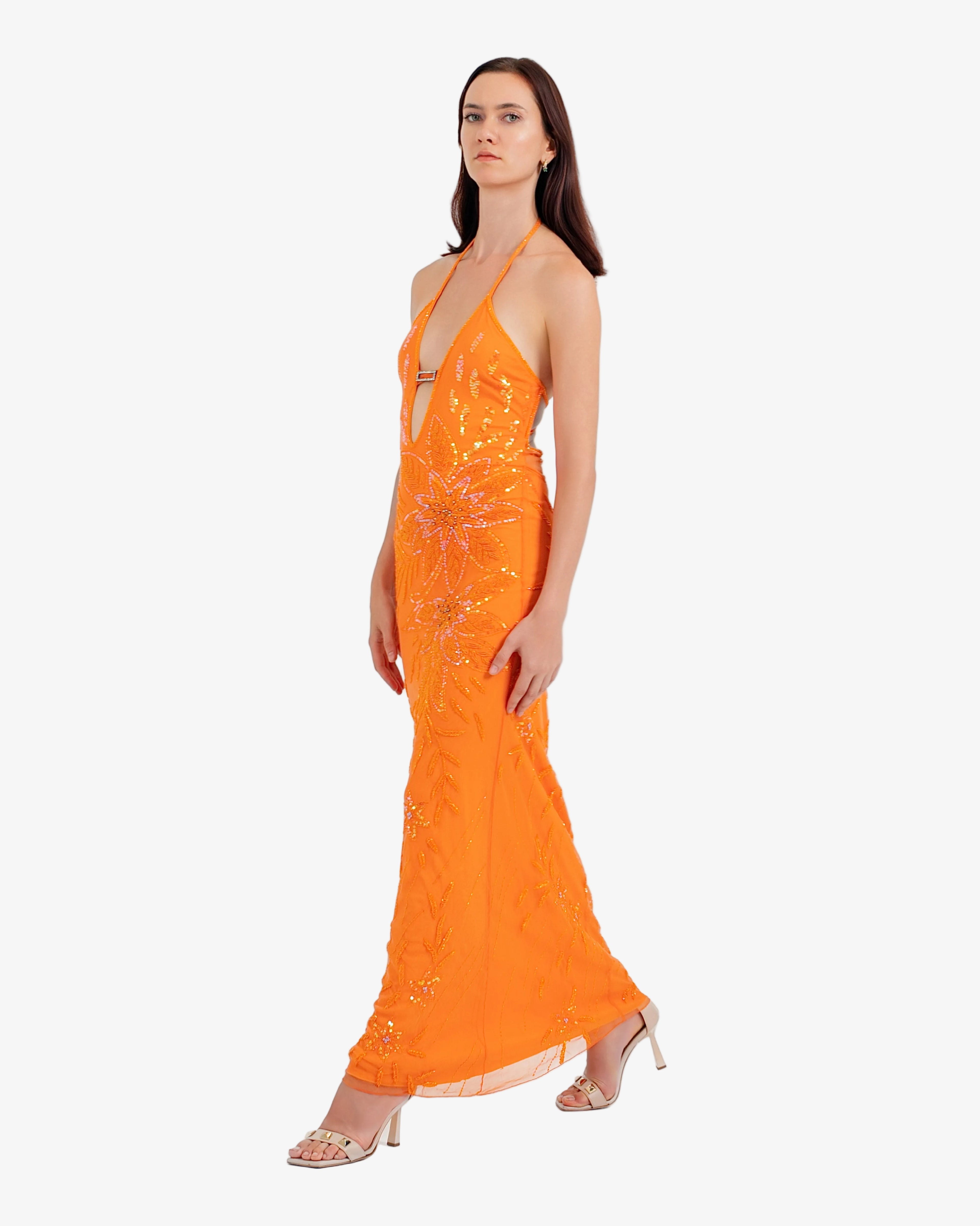 Marigold Deep-V Floral Sequin Maxi Dress