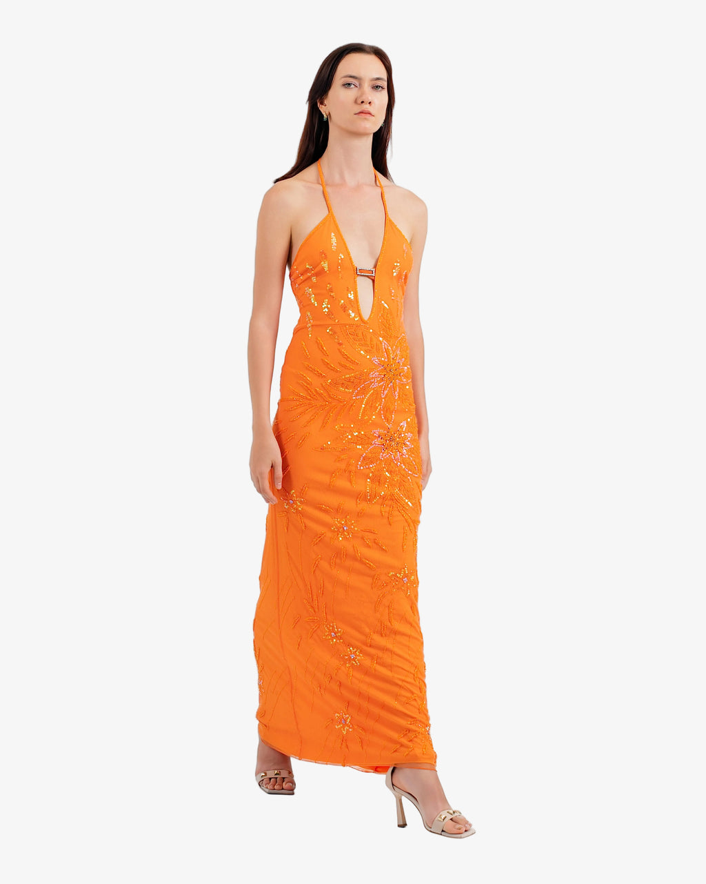 Marigold Deep-V Floral Sequin Maxi Dress