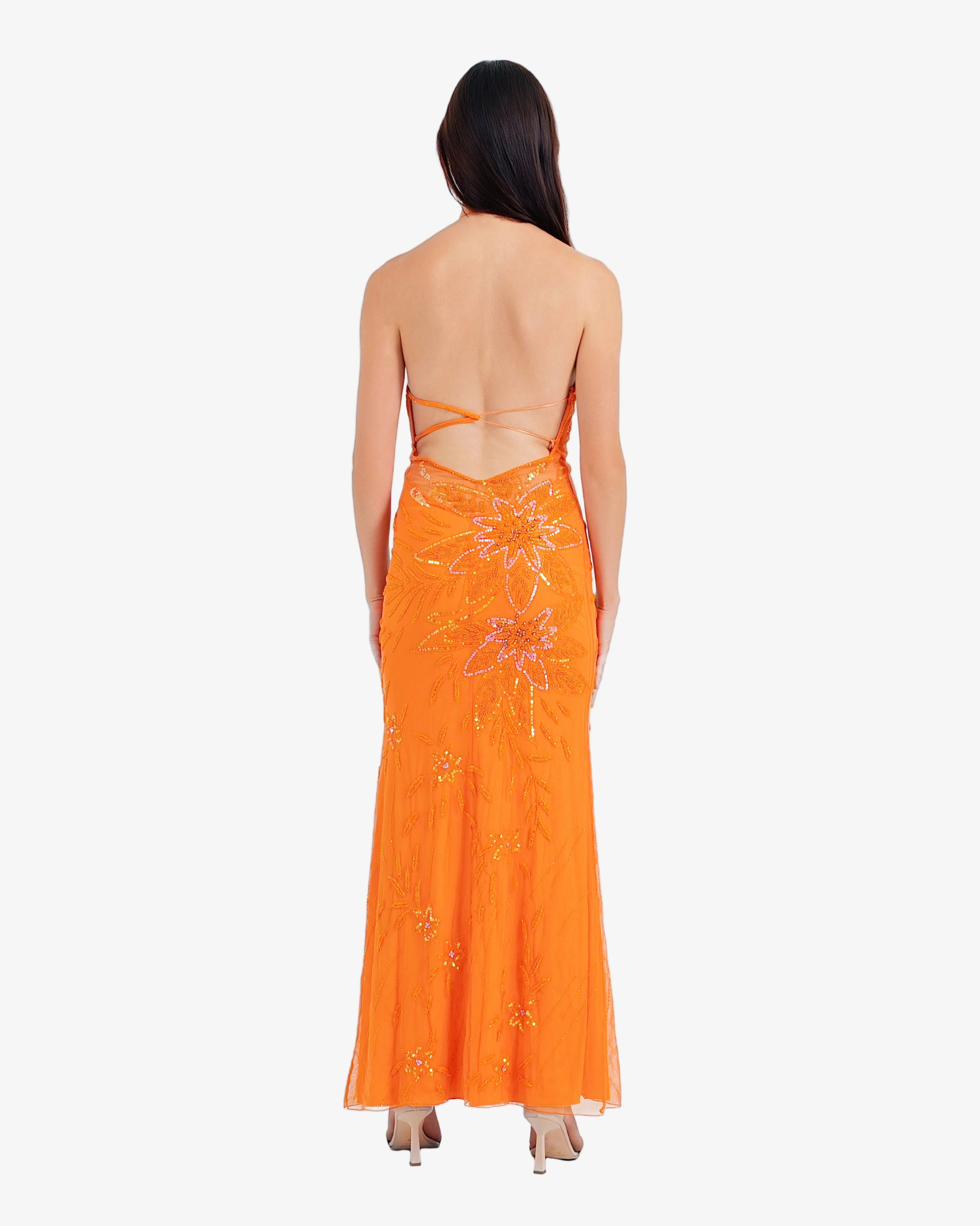 Marigold Deep-V Floral Sequin Maxi Dress