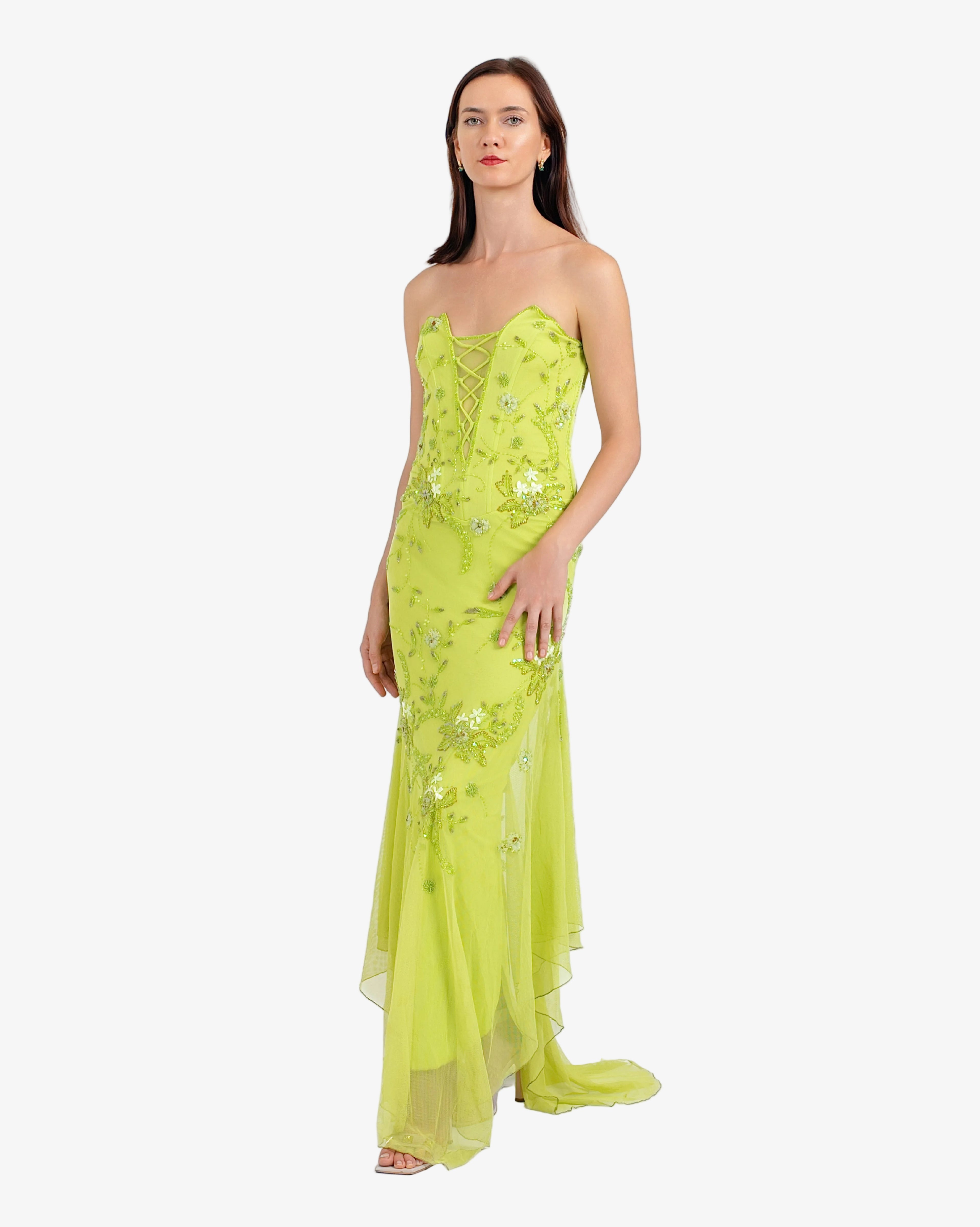 Celeste Corset Beaded Maxi Dress – Lime