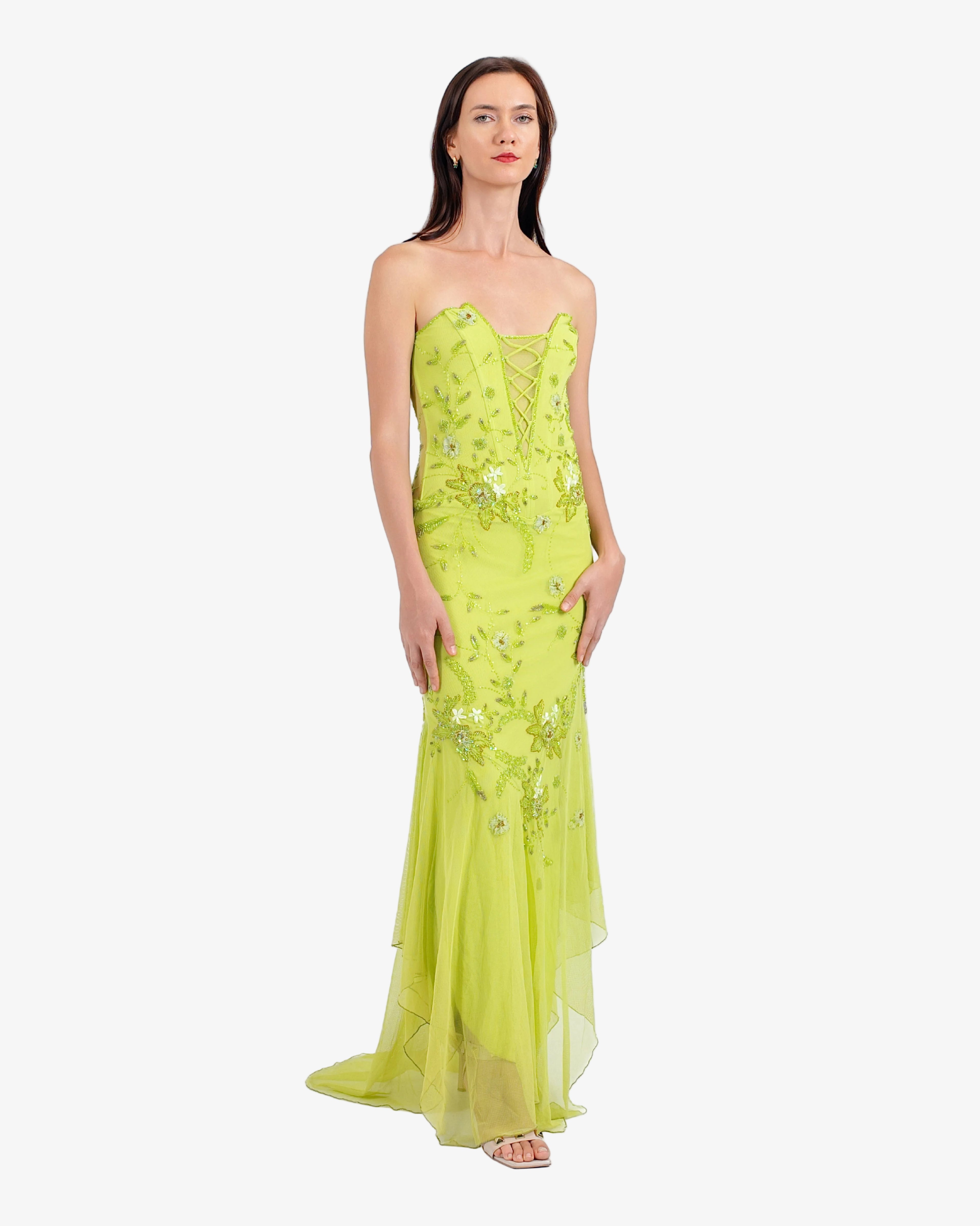 Celeste Corset Beaded Maxi Dress – Lime