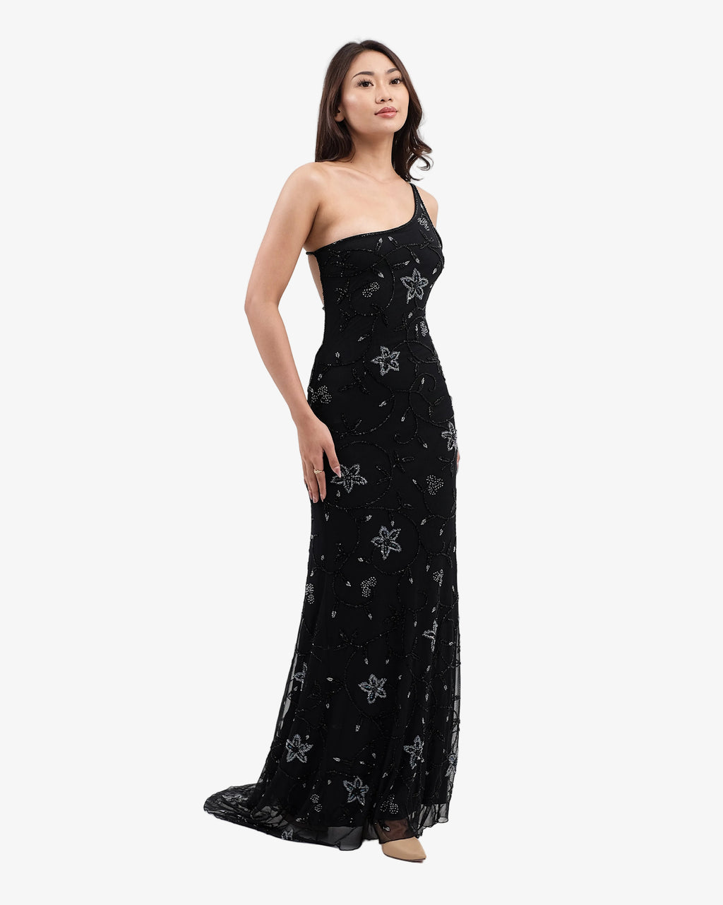 Dahlia One-Shoulder Beaded Maxi Dress – Black