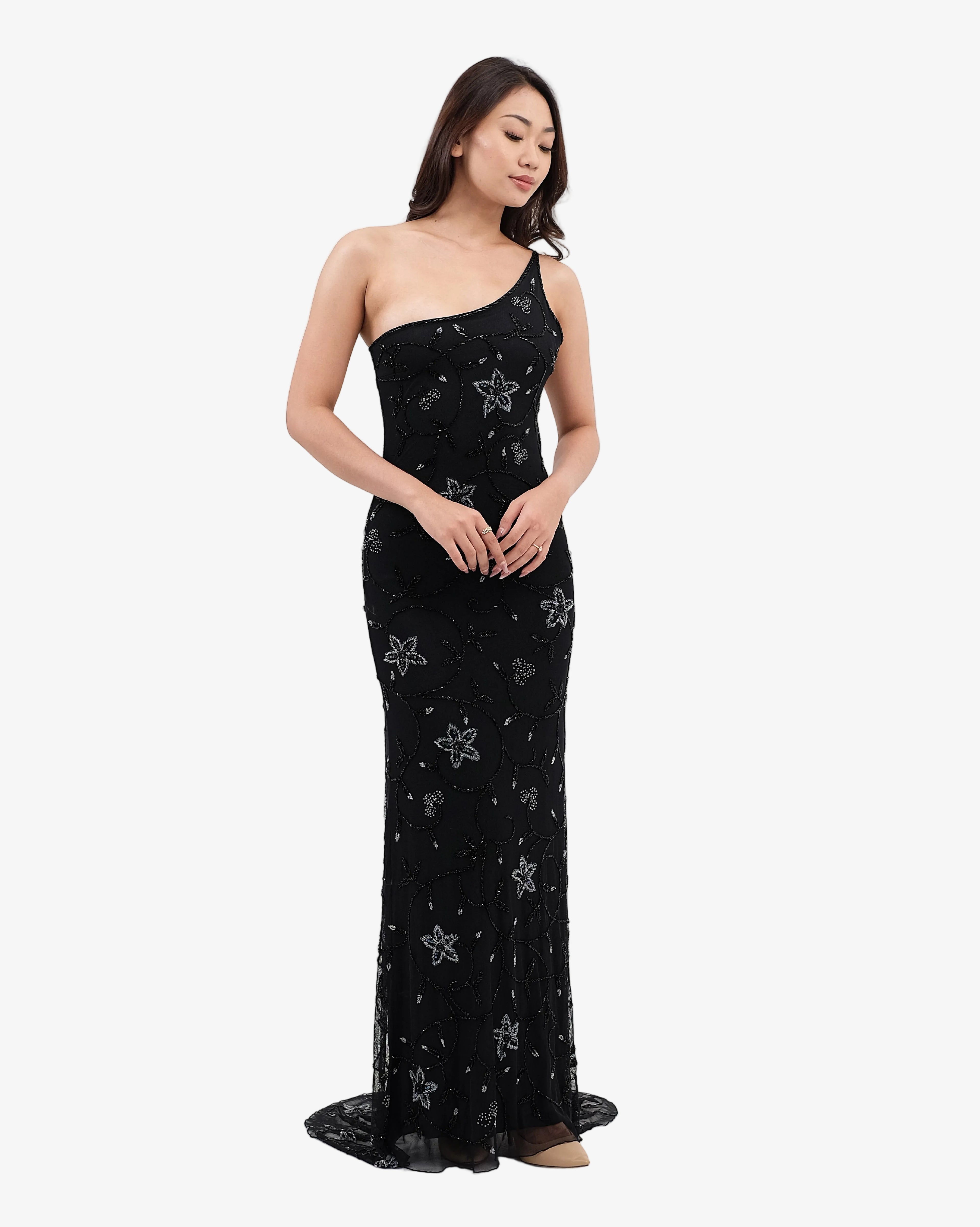 Dahlia One-Shoulder Beaded Maxi Dress – Black