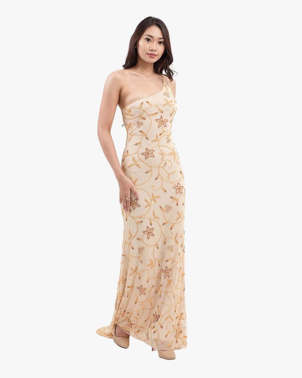 Dahlia One-Shoulder Beaded Maxi Dress – Gold