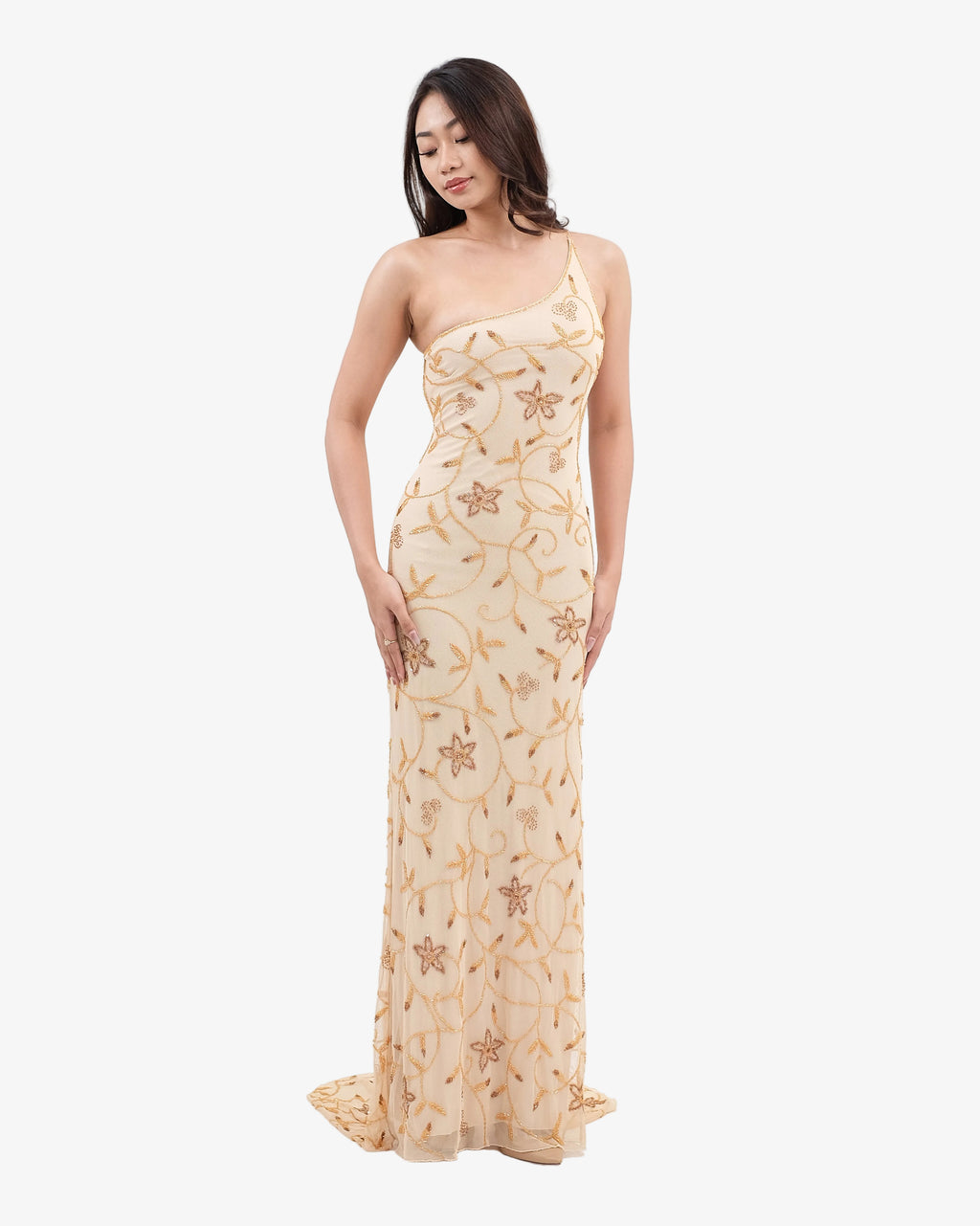 Dahlia One-Shoulder Beaded Maxi Dress – Gold