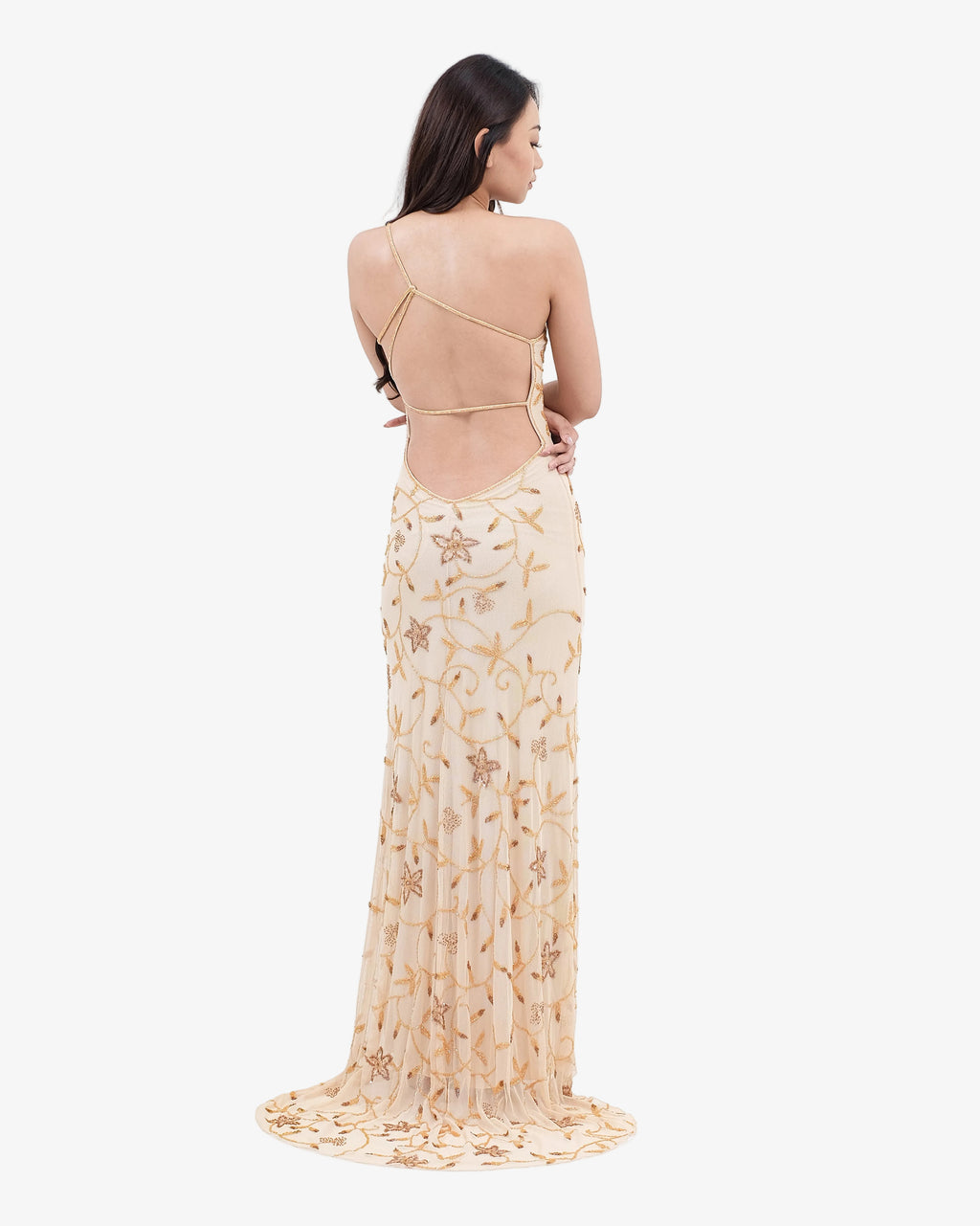 Dahlia One-Shoulder Beaded Maxi Dress – Gold