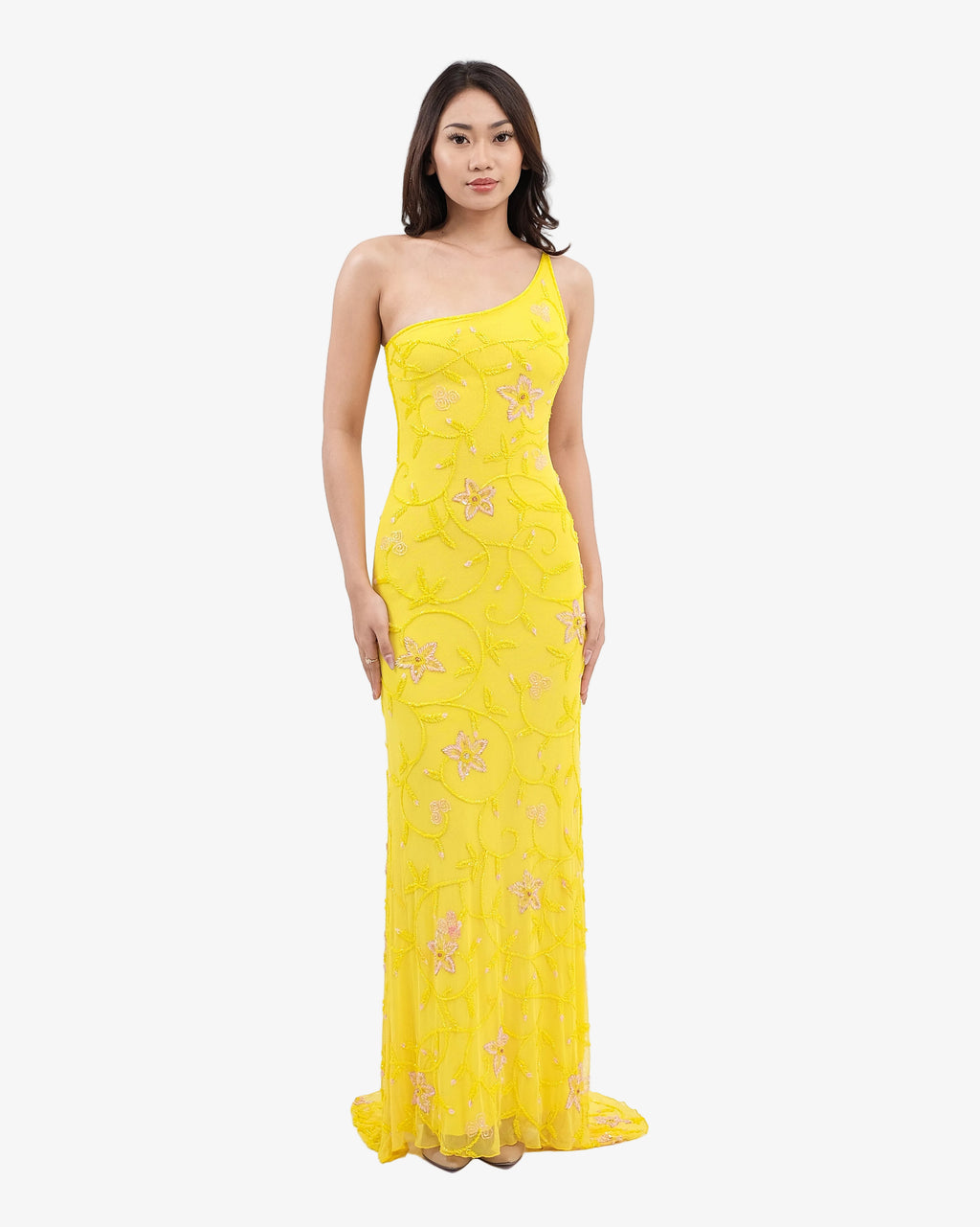 Dahlia One-Shoulder Beaded Maxi Dress – Yellow
