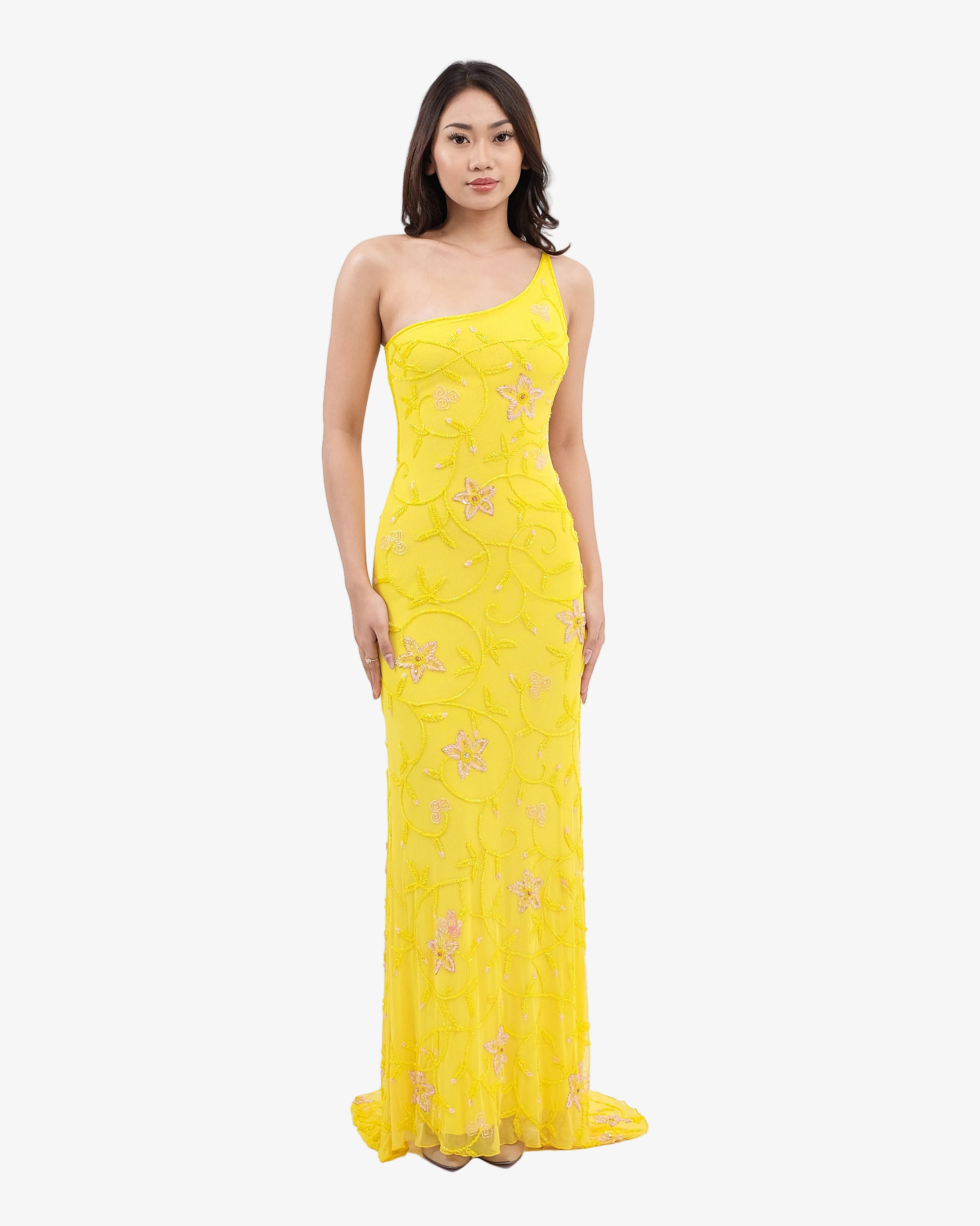 Dahlia One-Shoulder Beaded Maxi Dress – Yellow