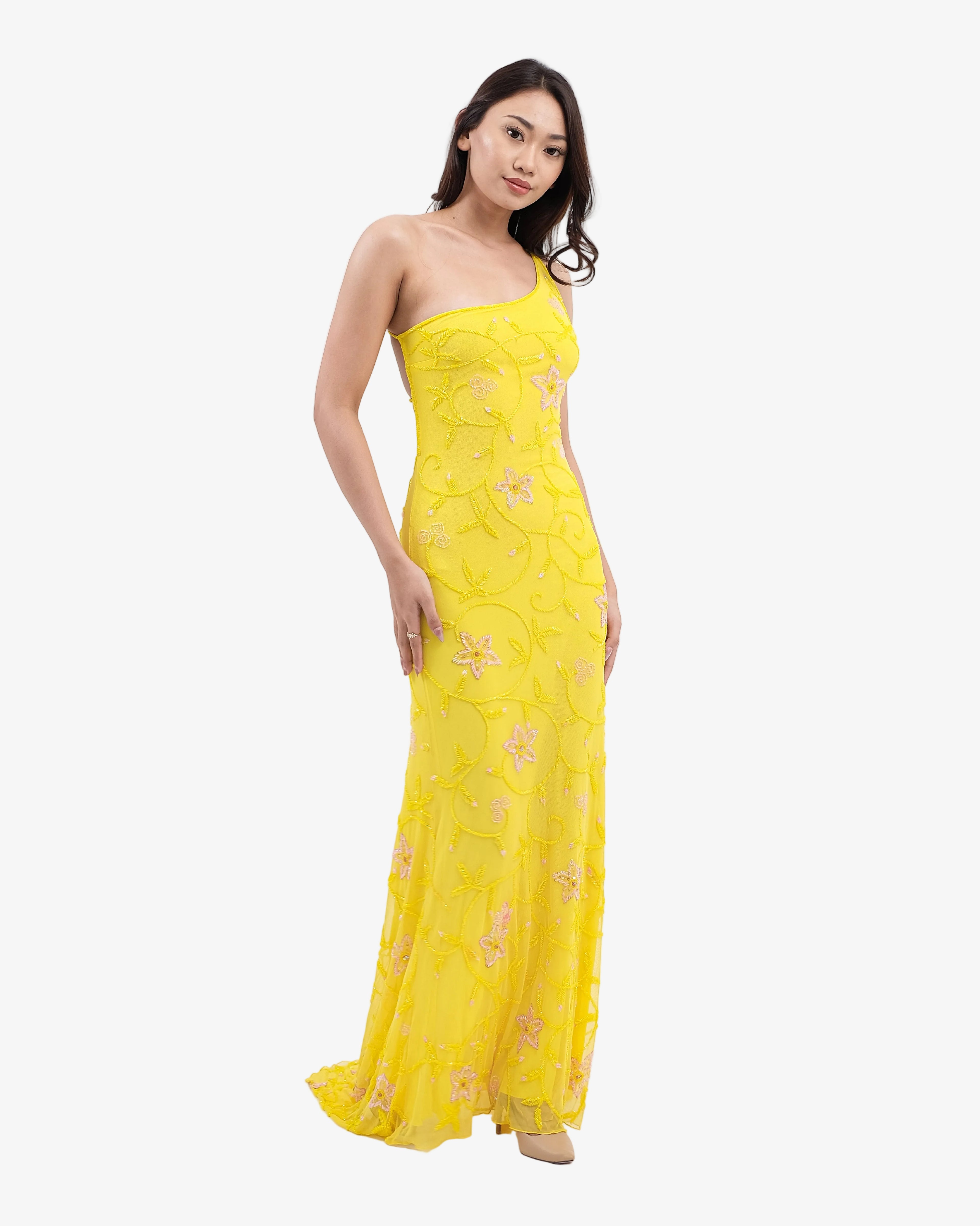 Dahlia One-Shoulder Beaded Maxi Dress – Yellow