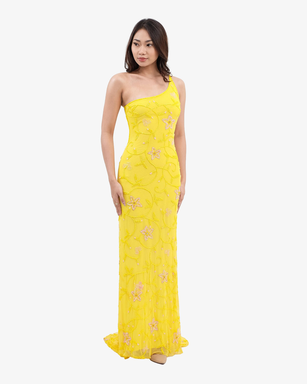 Dahlia One-Shoulder Beaded Maxi Dress – Yellow