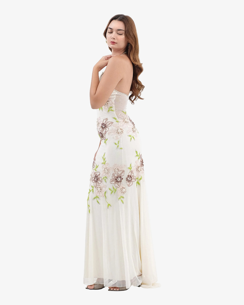 Eden Floral Sequin Halter Maxi Dress – Cream