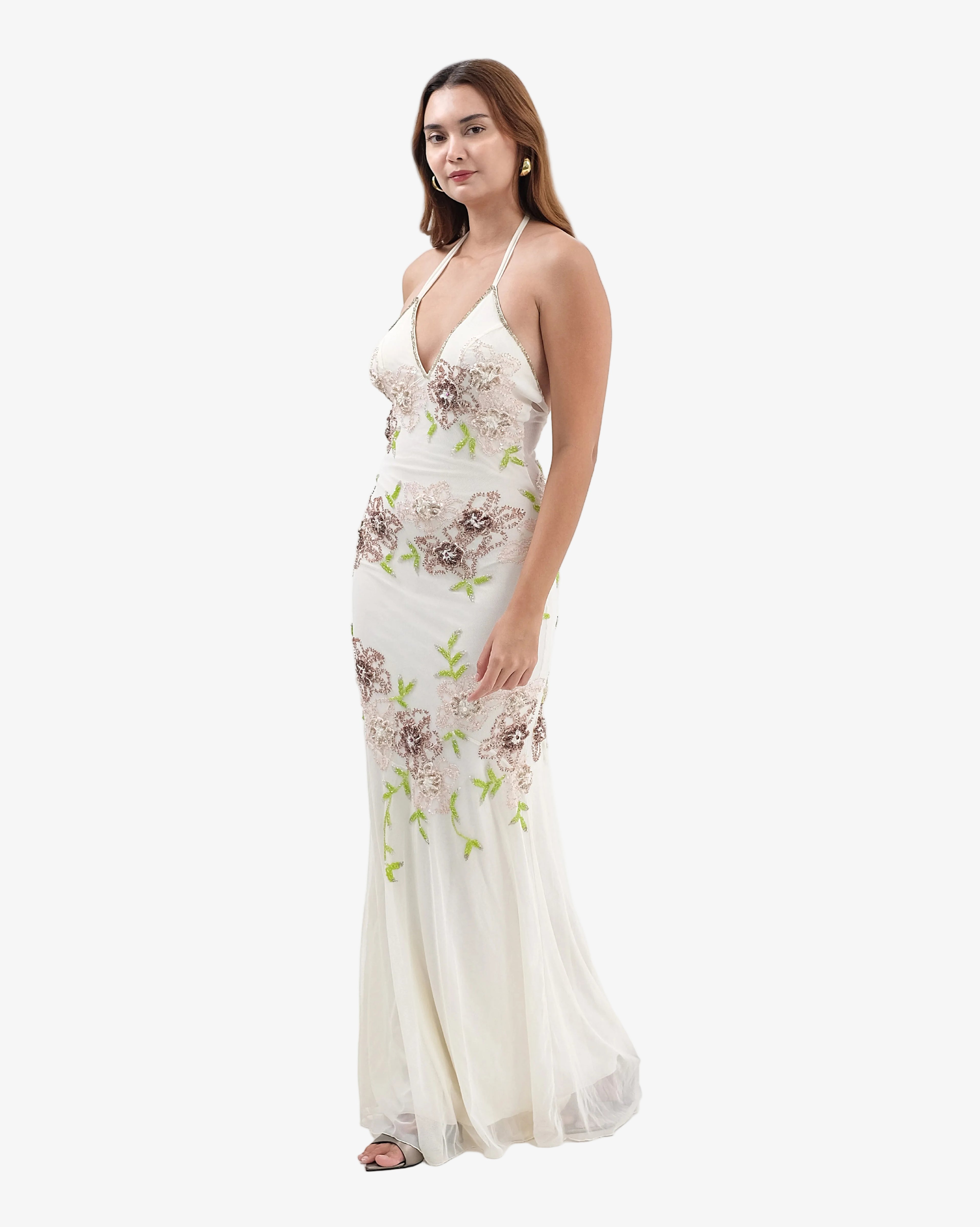 Eden Floral Sequin Halter Maxi Dress – Cream