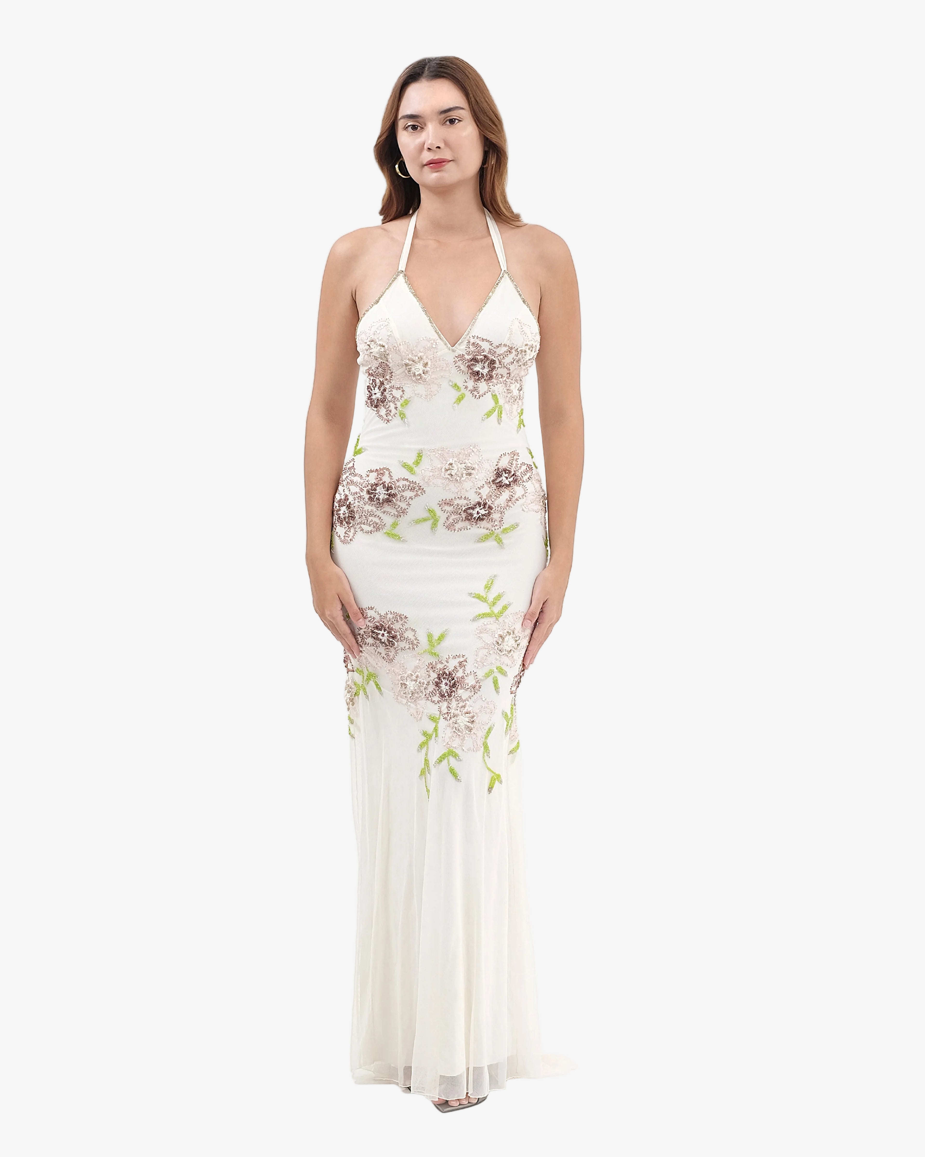 Eden Floral Sequin Halter Maxi Dress – Cream