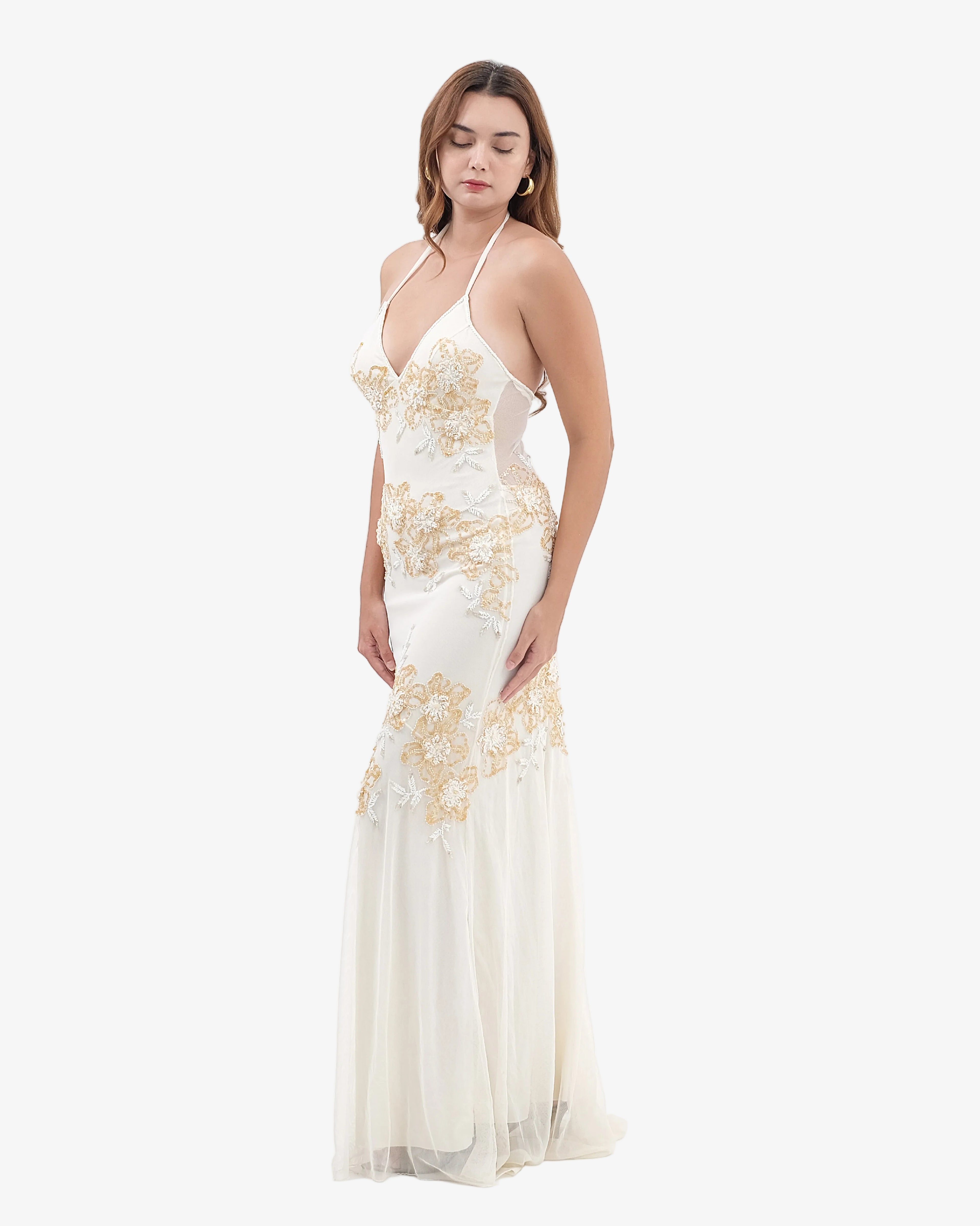 Eden Floral Sequin Halter Maxi Dress – Cream Gold