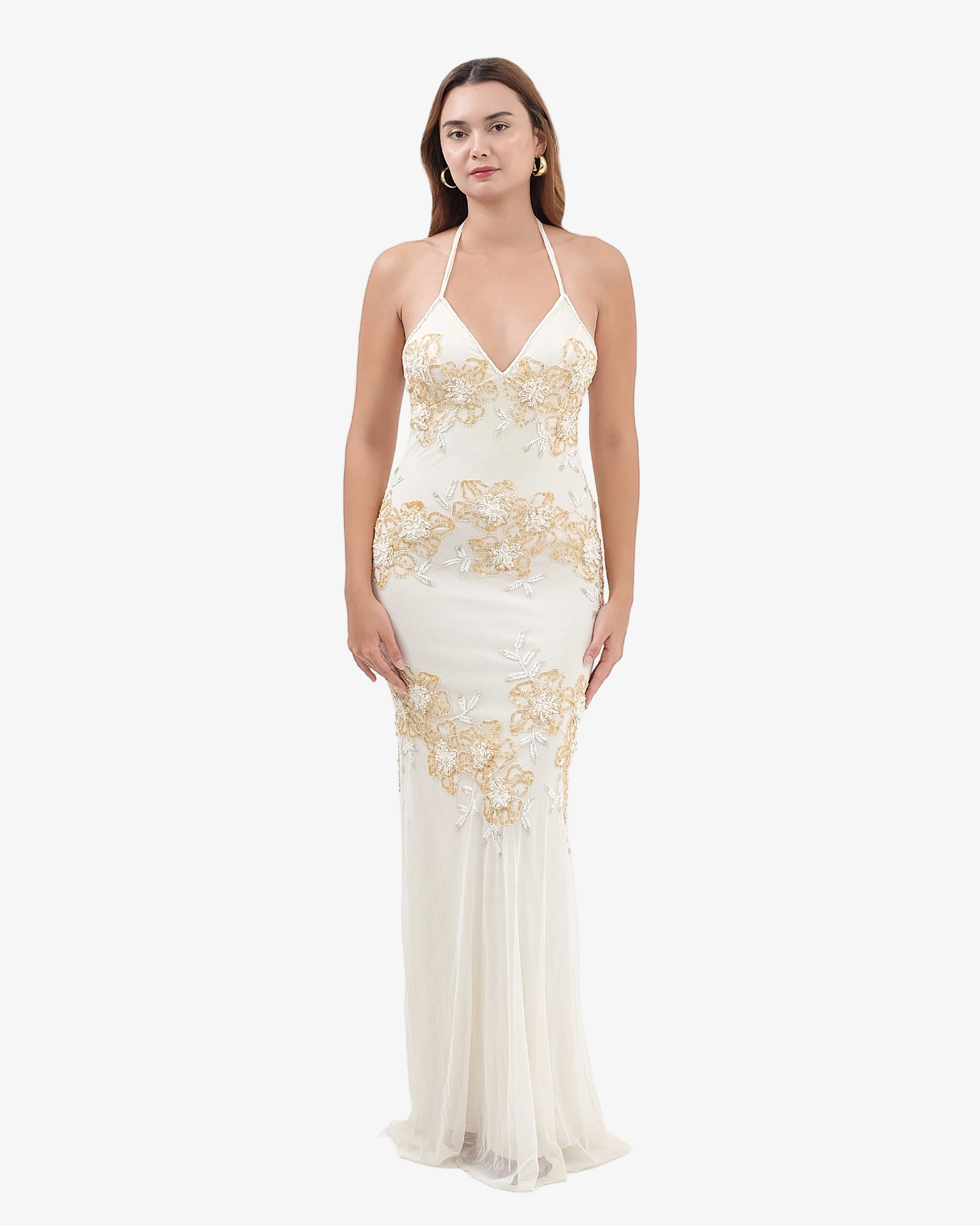 Eden Floral Sequin Halter Maxi Dress – Cream Gold