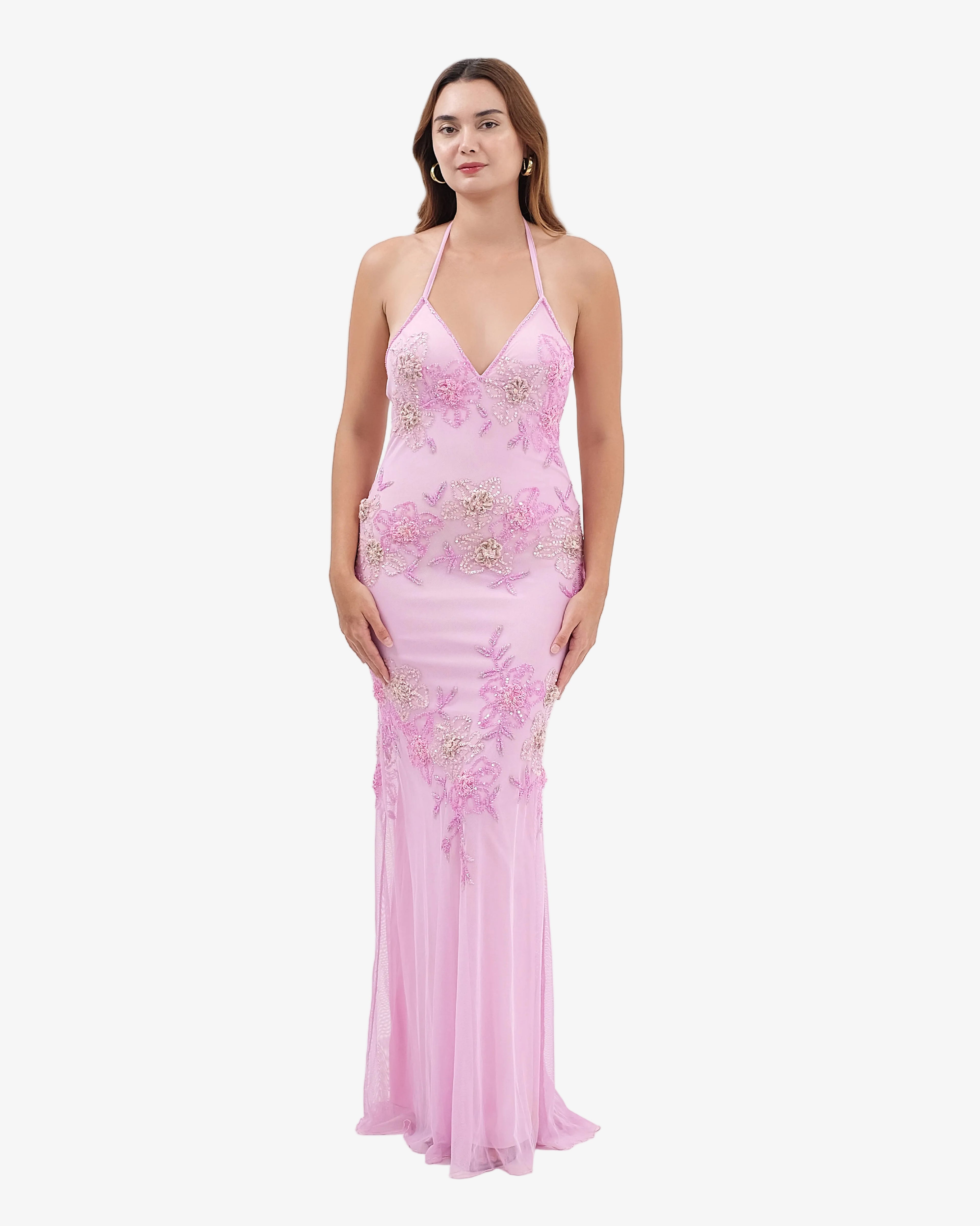 Eden Floral Sequin Halter Maxi Dress – Pink