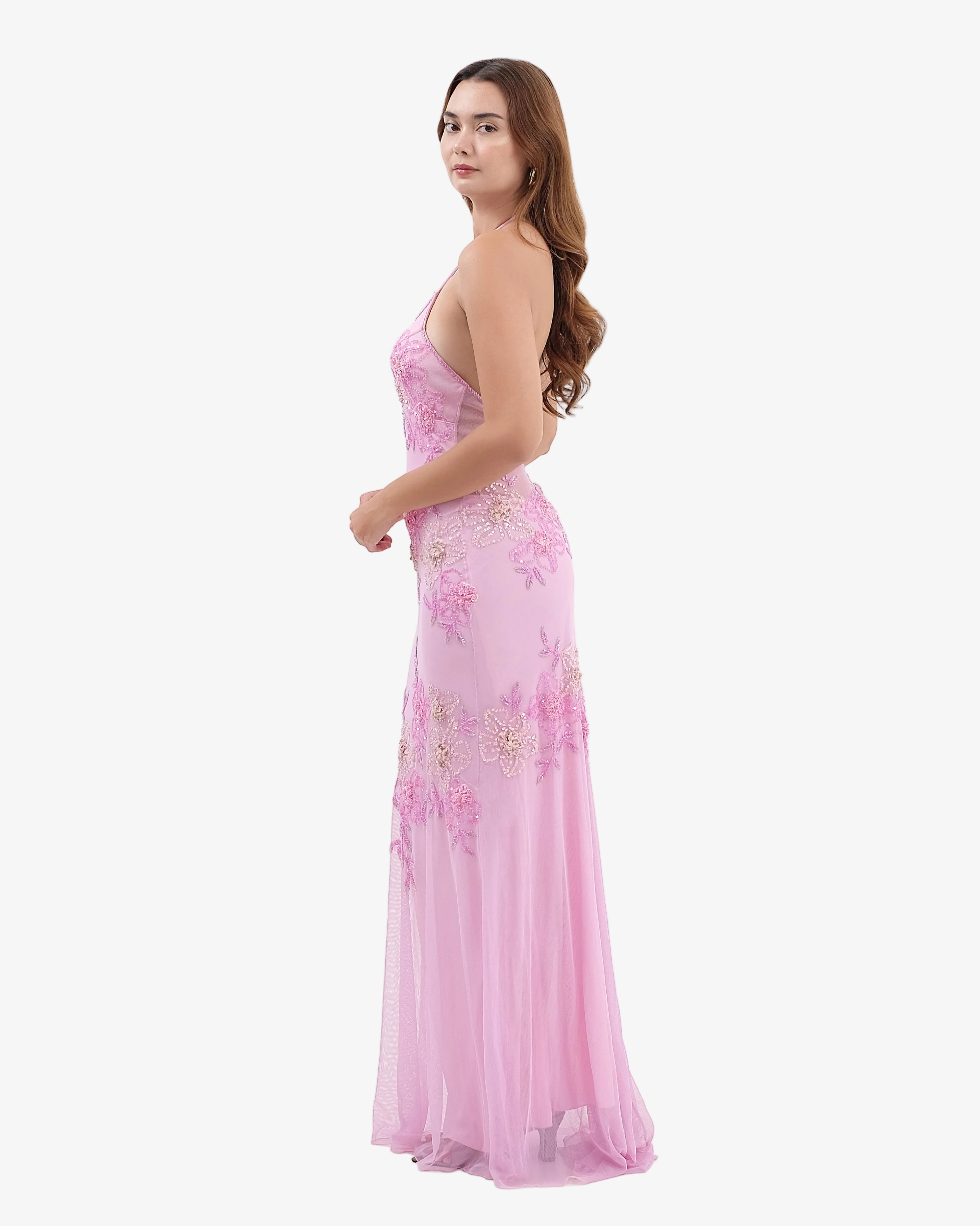 Eden Floral Sequin Halter Maxi Dress – Pink