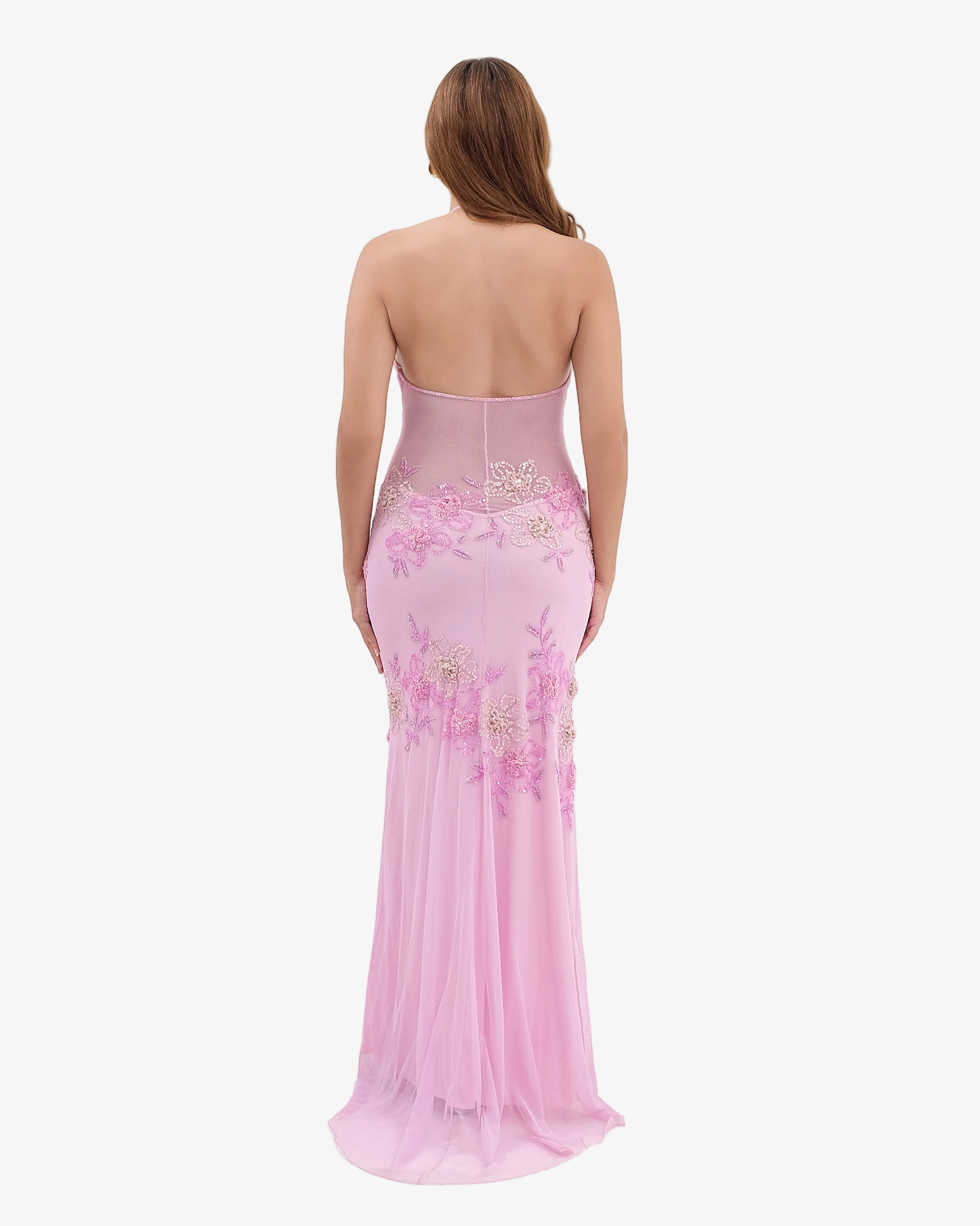 Eden Floral Sequin Halter Maxi Dress – Pink