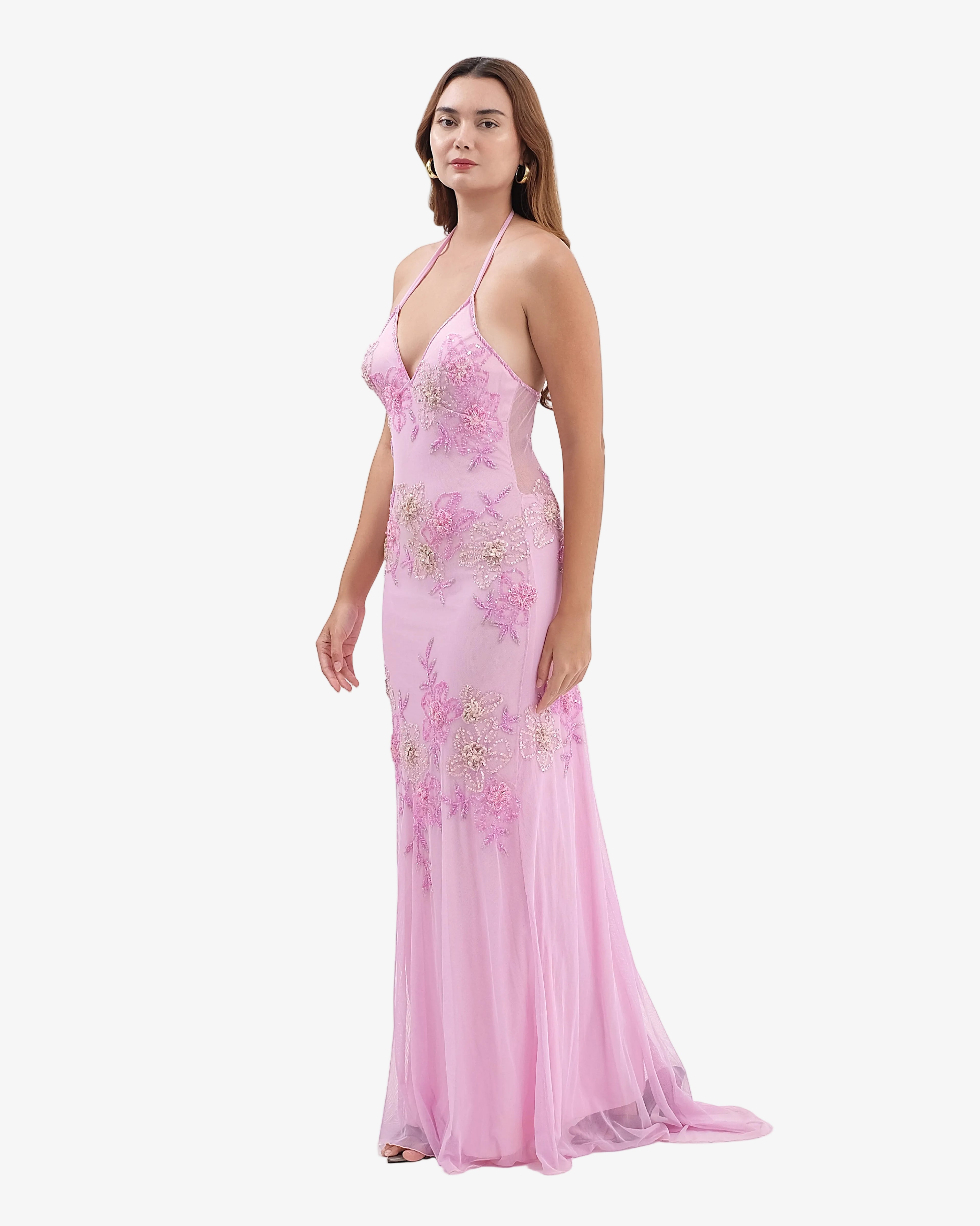 Eden Floral Sequin Halter Maxi Dress – Pink