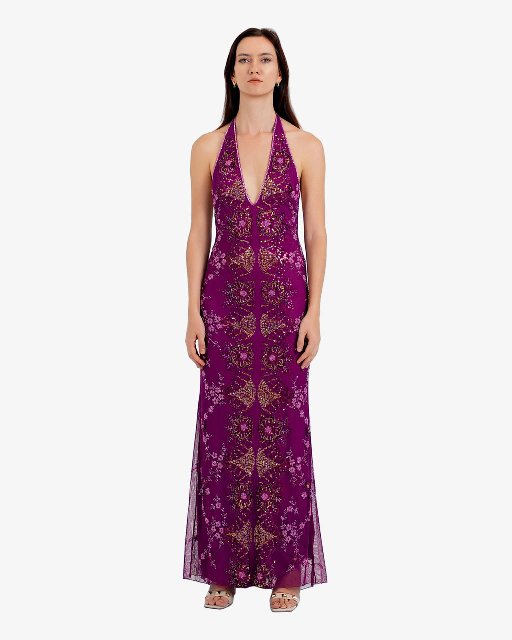 Amara Deep-V Halter Beaded Maxi Dress