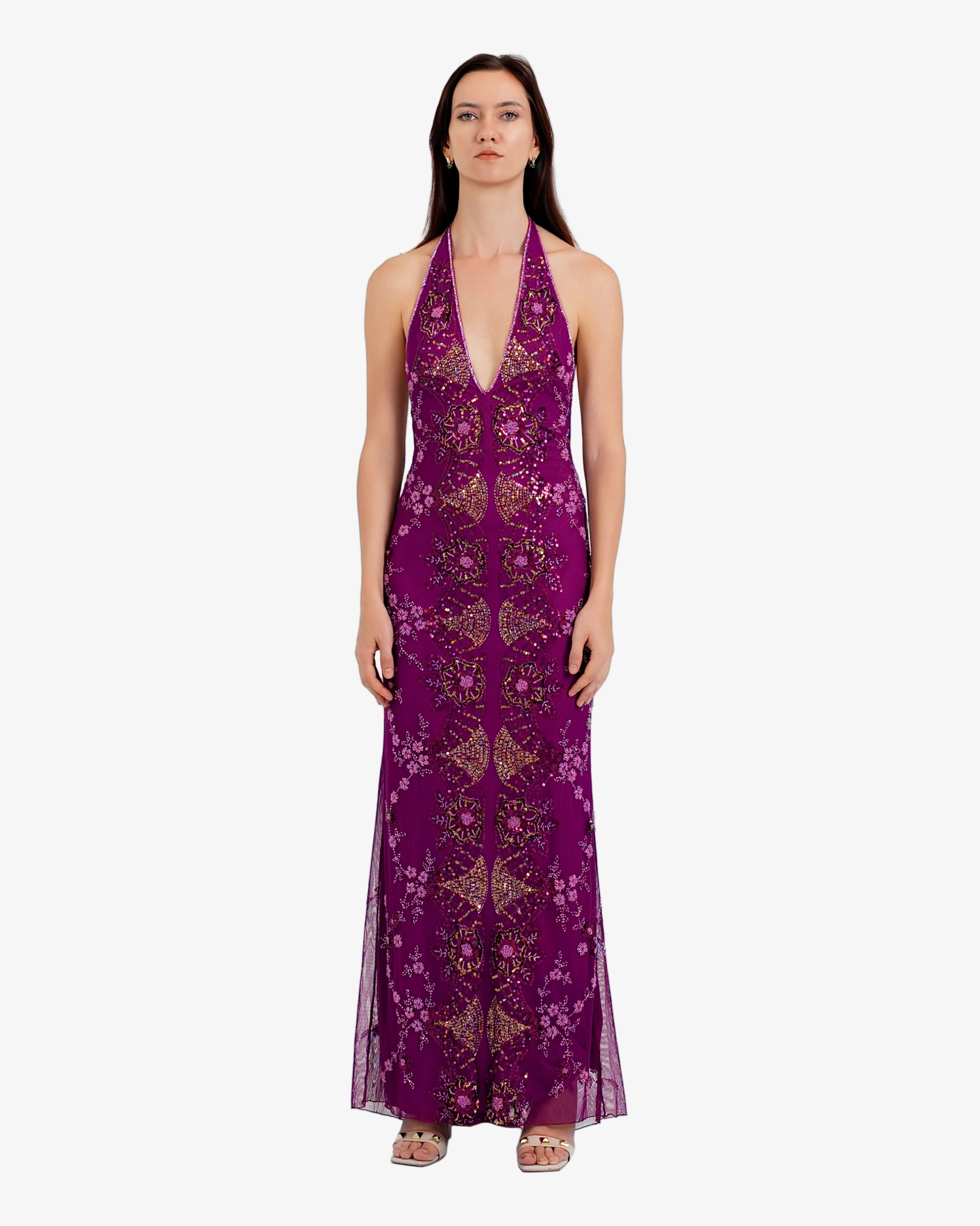 Amara Deep-V Halter Beaded Maxi Dress