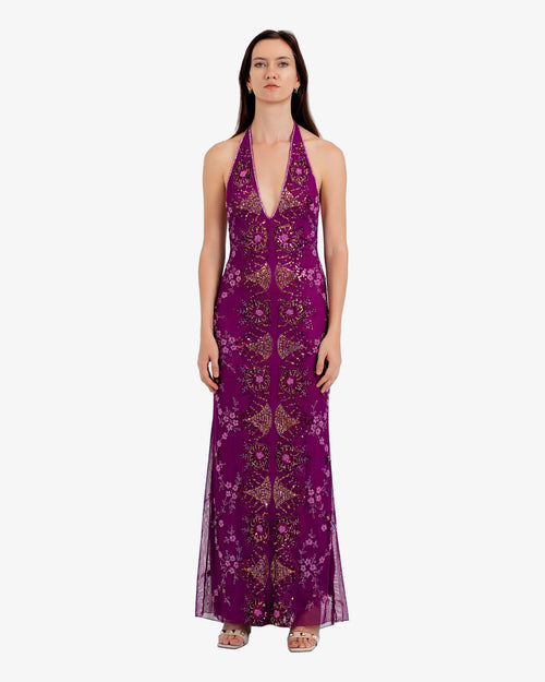 Amara Deep-V Halter Beaded Maxi Dress