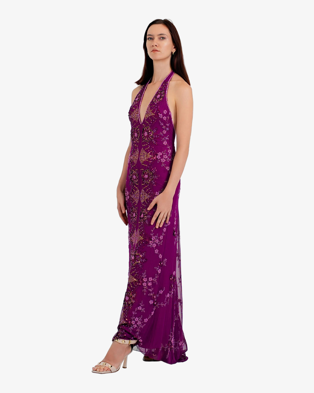 Amara Deep-V Halter Beaded Maxi Dress