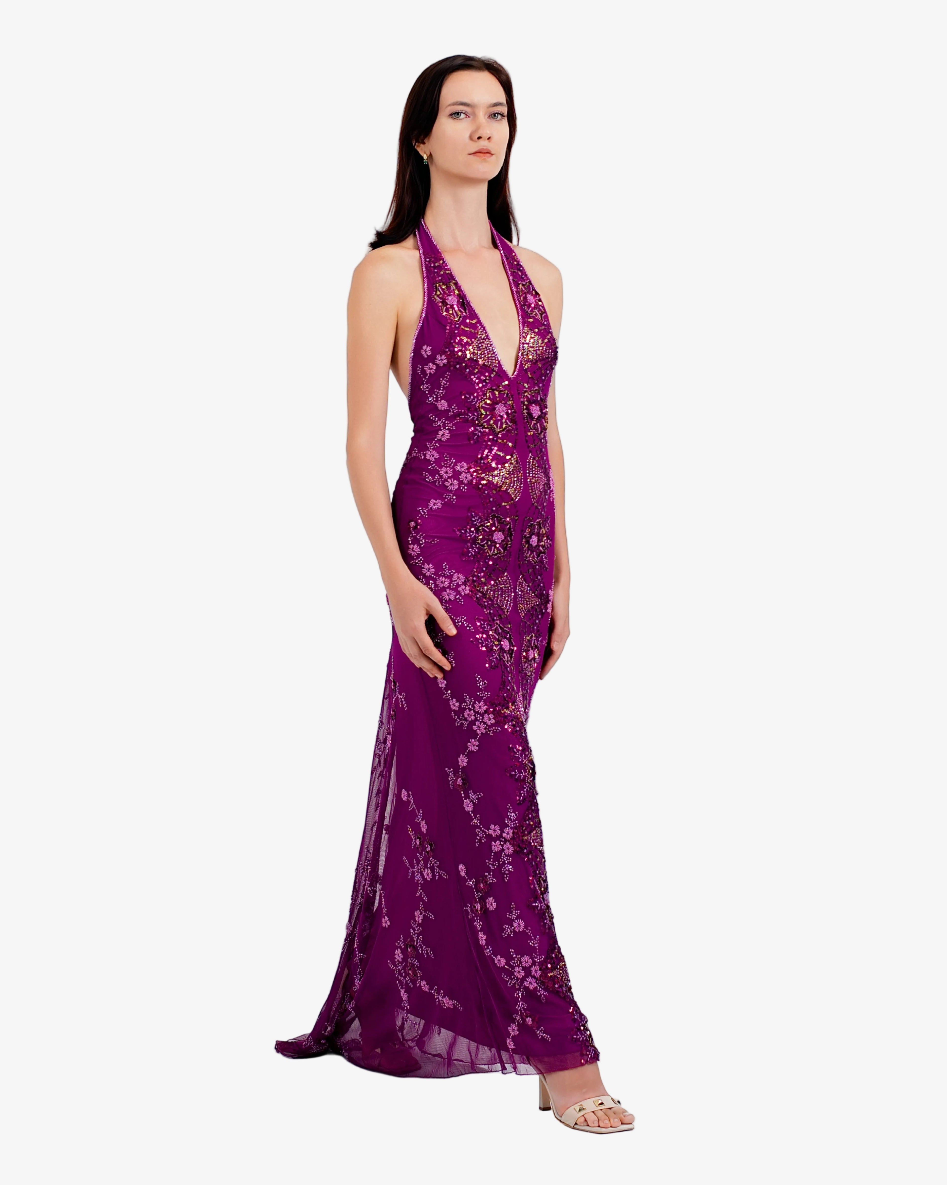 Amara Deep-V Halter Beaded Maxi Dress