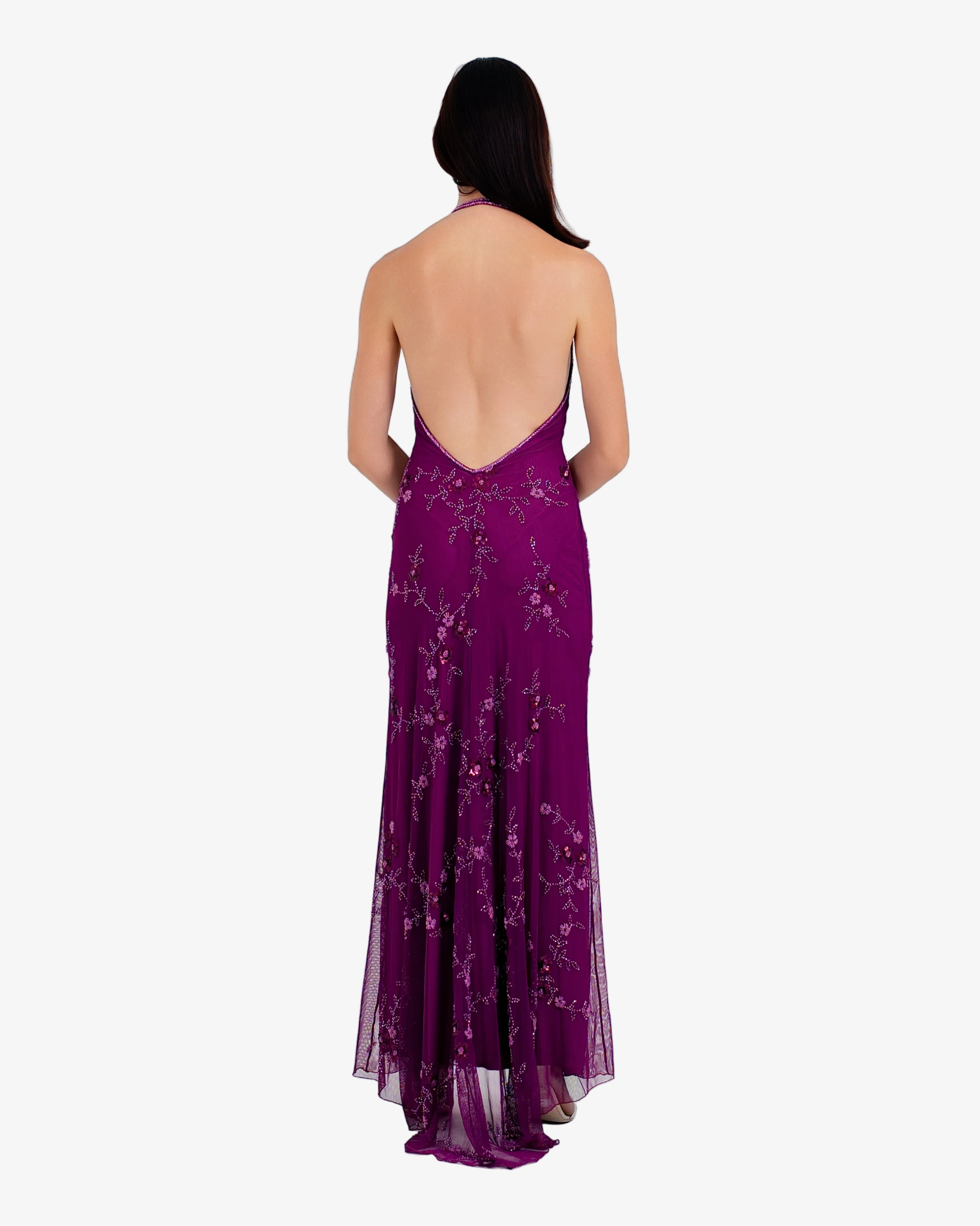 Amara Deep-V Halter Beaded Maxi Dress