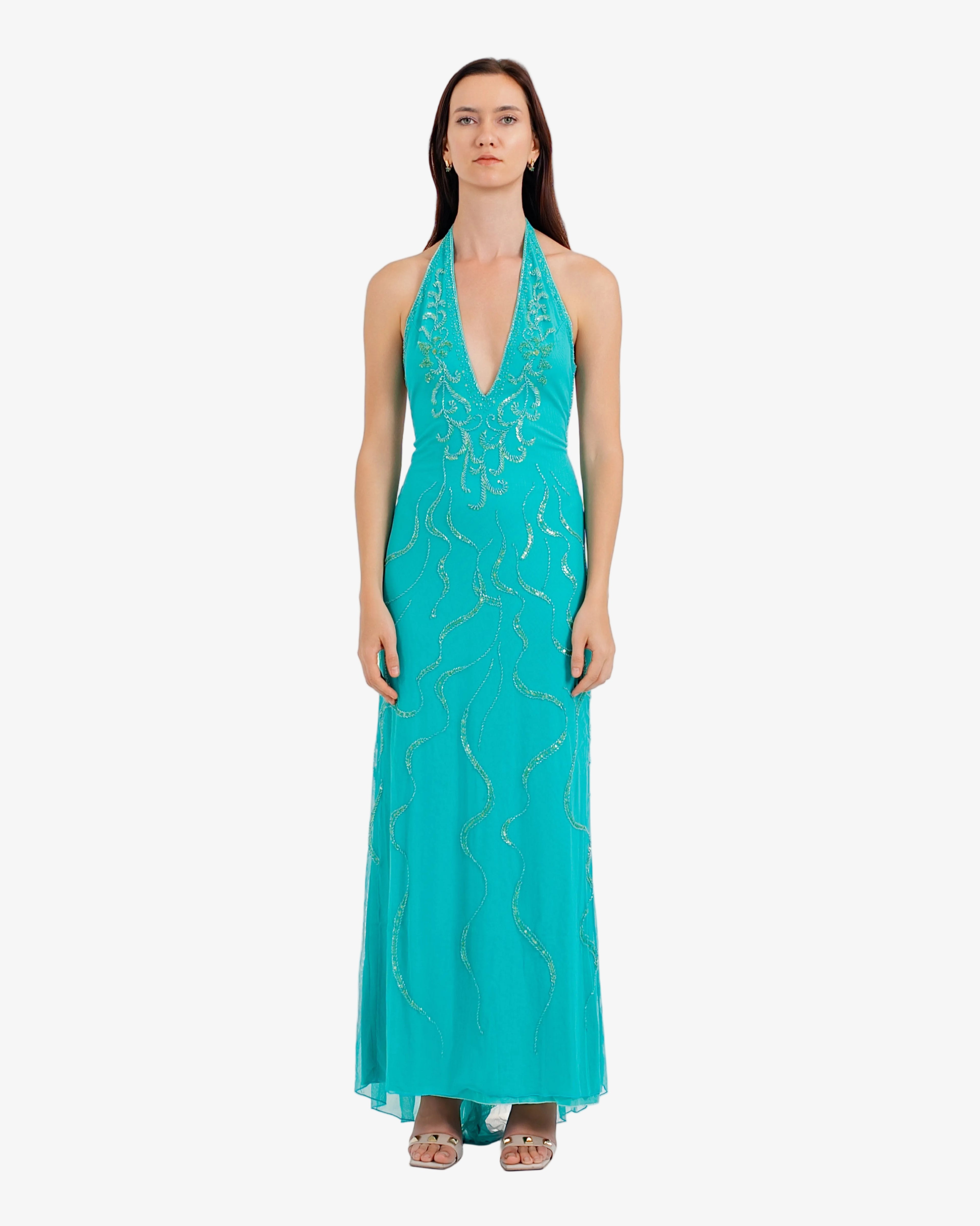 Nereid Beaded Halter Maxi Dress – Aqua