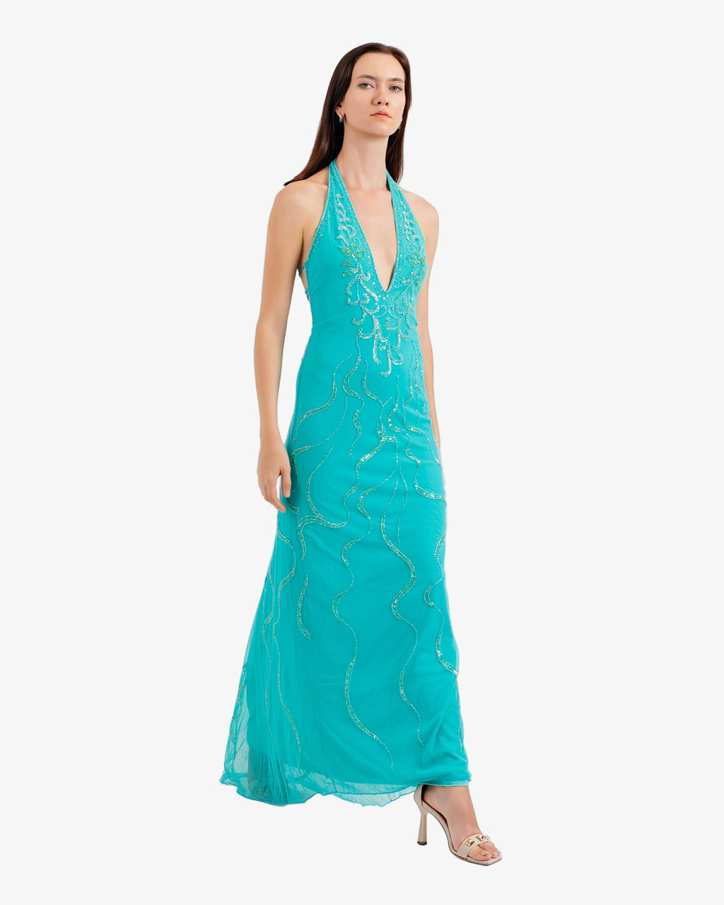 Nereid Beaded Halter Maxi Dress – Aqua