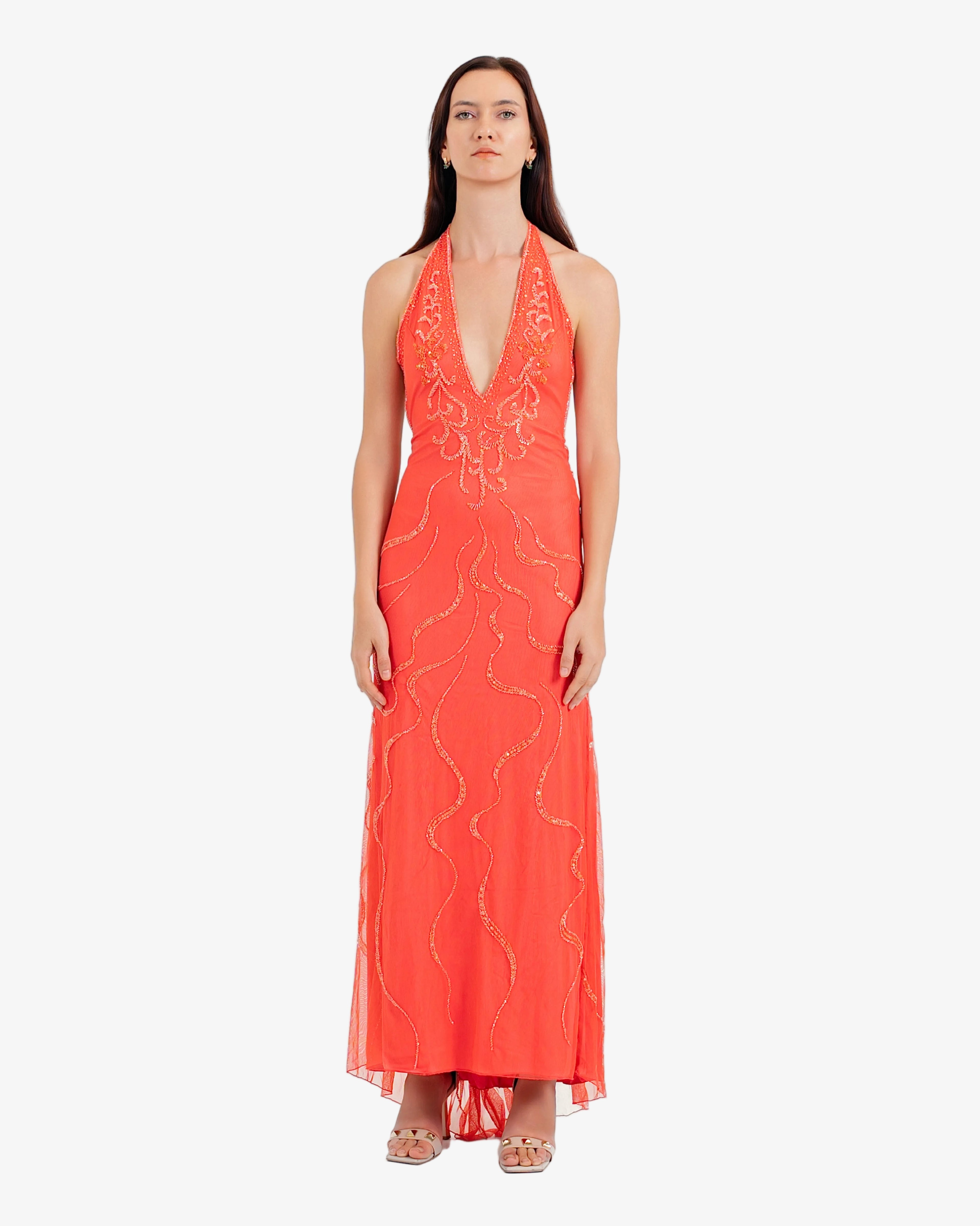 Nereid Beaded Halter Maxi Dress – Coral