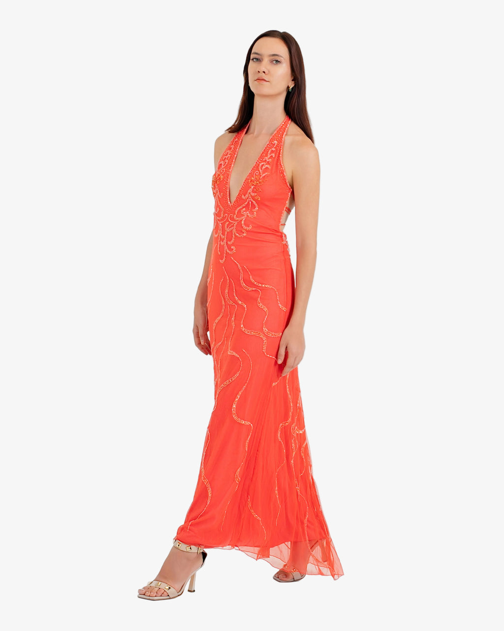 Nereid Beaded Halter Maxi Dress – Coral
