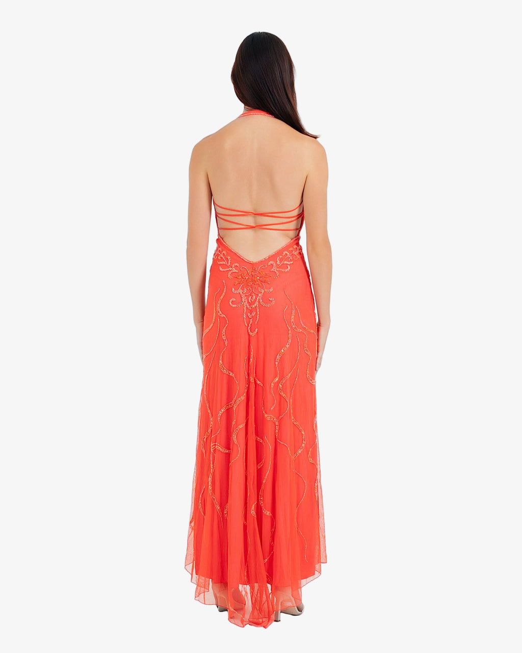 Nereid Beaded Halter Maxi Dress – Coral