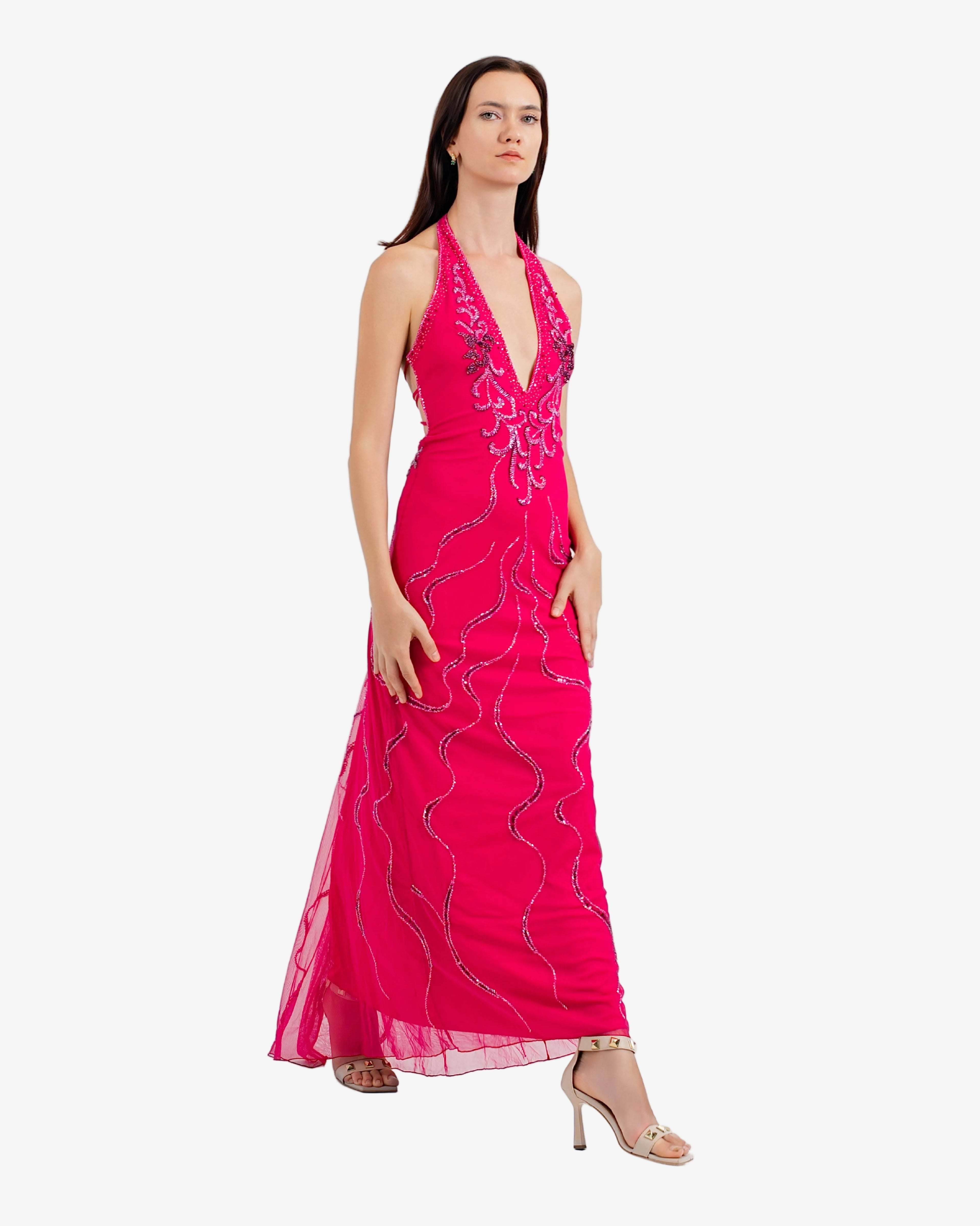 Nereid Beaded Halter Maxi Dress – Hot Fuxia