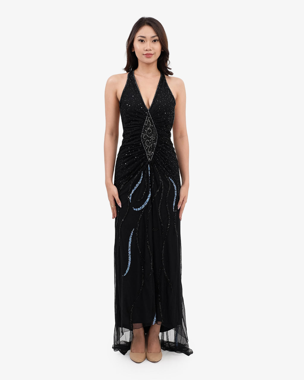 Soleil Beaded Halter Maxi Dress – Black