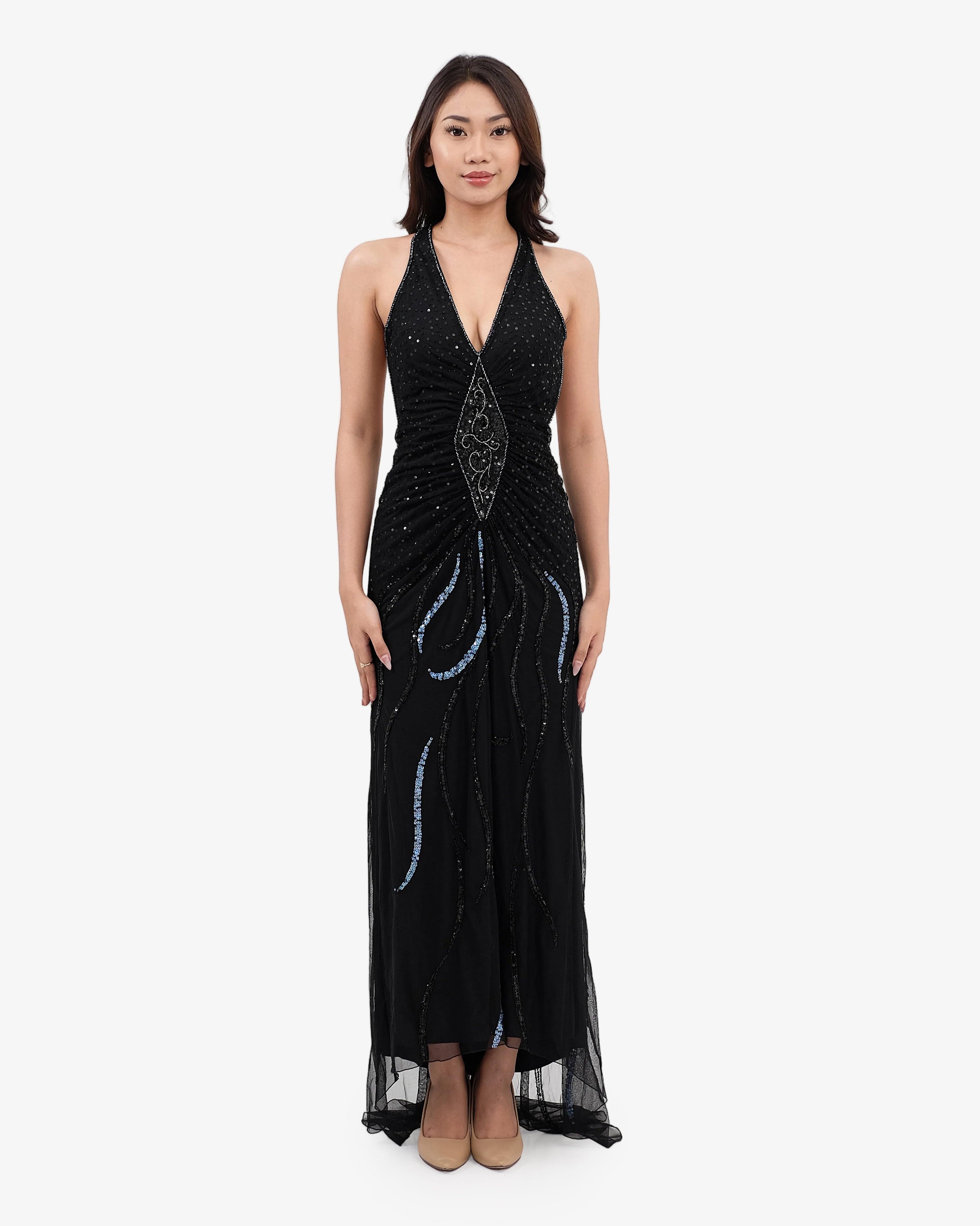 Soleil Beaded Halter Maxi Dress – Black